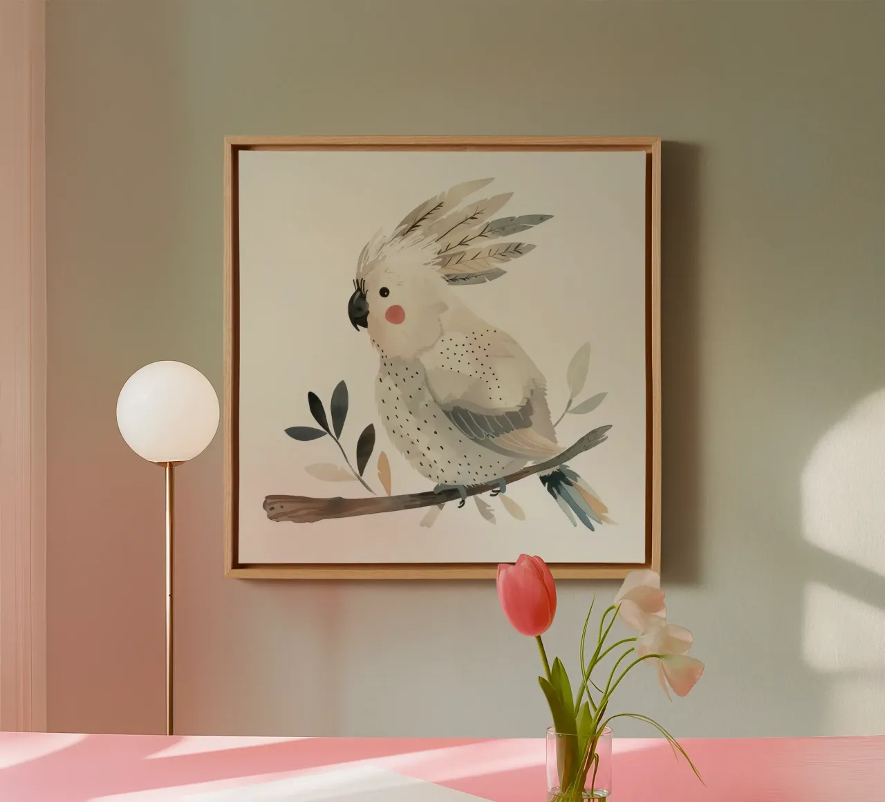 Ätherischer Kakadu unter zartem Laub Leinwand mit Schattenfugenrahmen von DesignDoodle