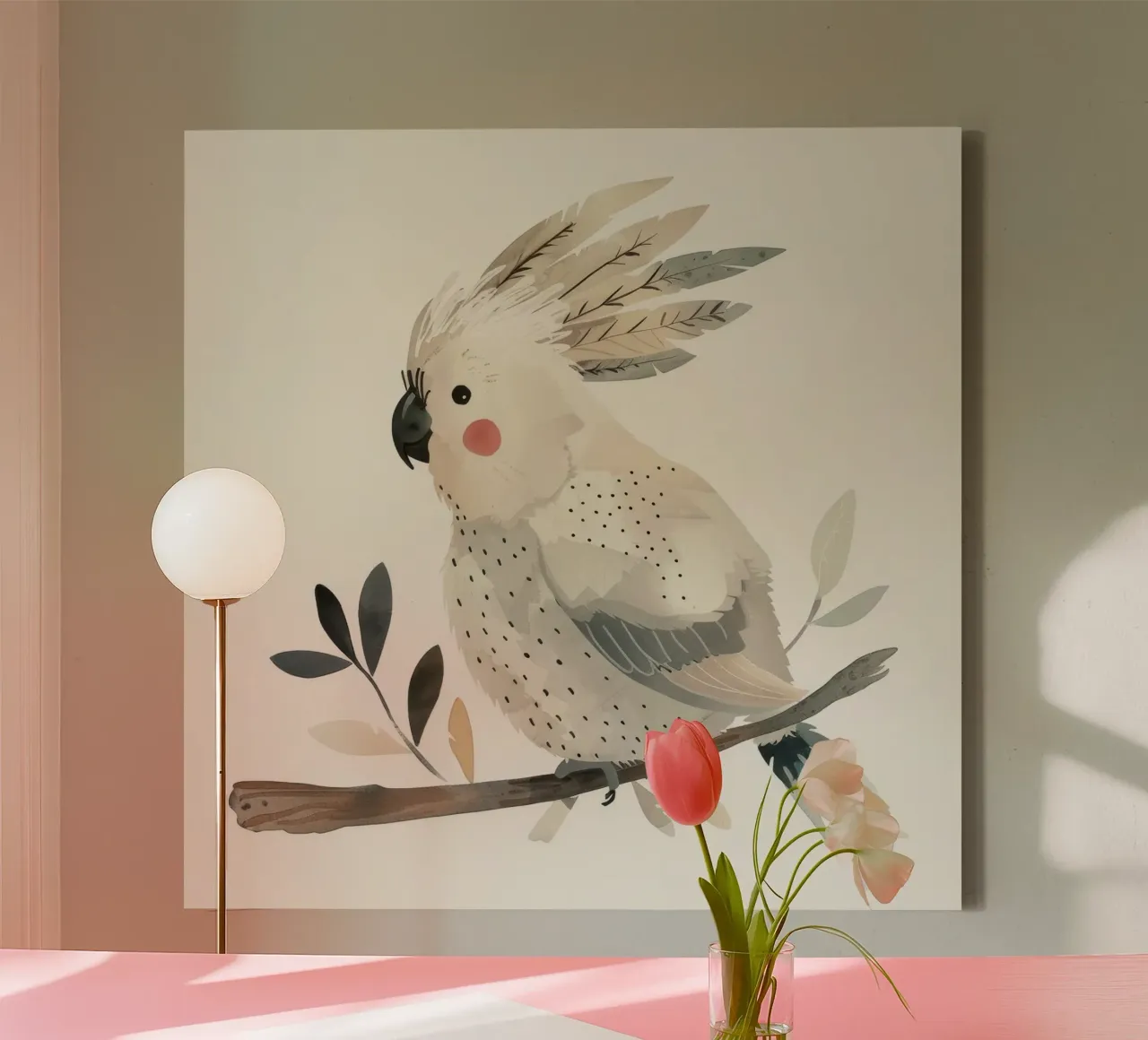 Ätherischer Kakadu unter zartem Laub Leinwand mit Schattenfugenrahmen von DesignDoodle