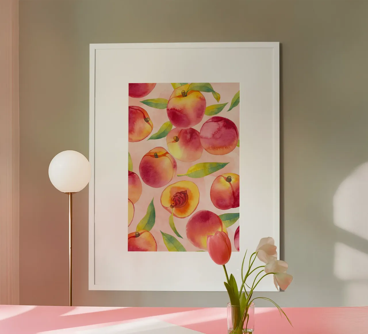 Stampa di pesche, poster di frutta ad acquerello poster con telaio in legno da Bella Studio
