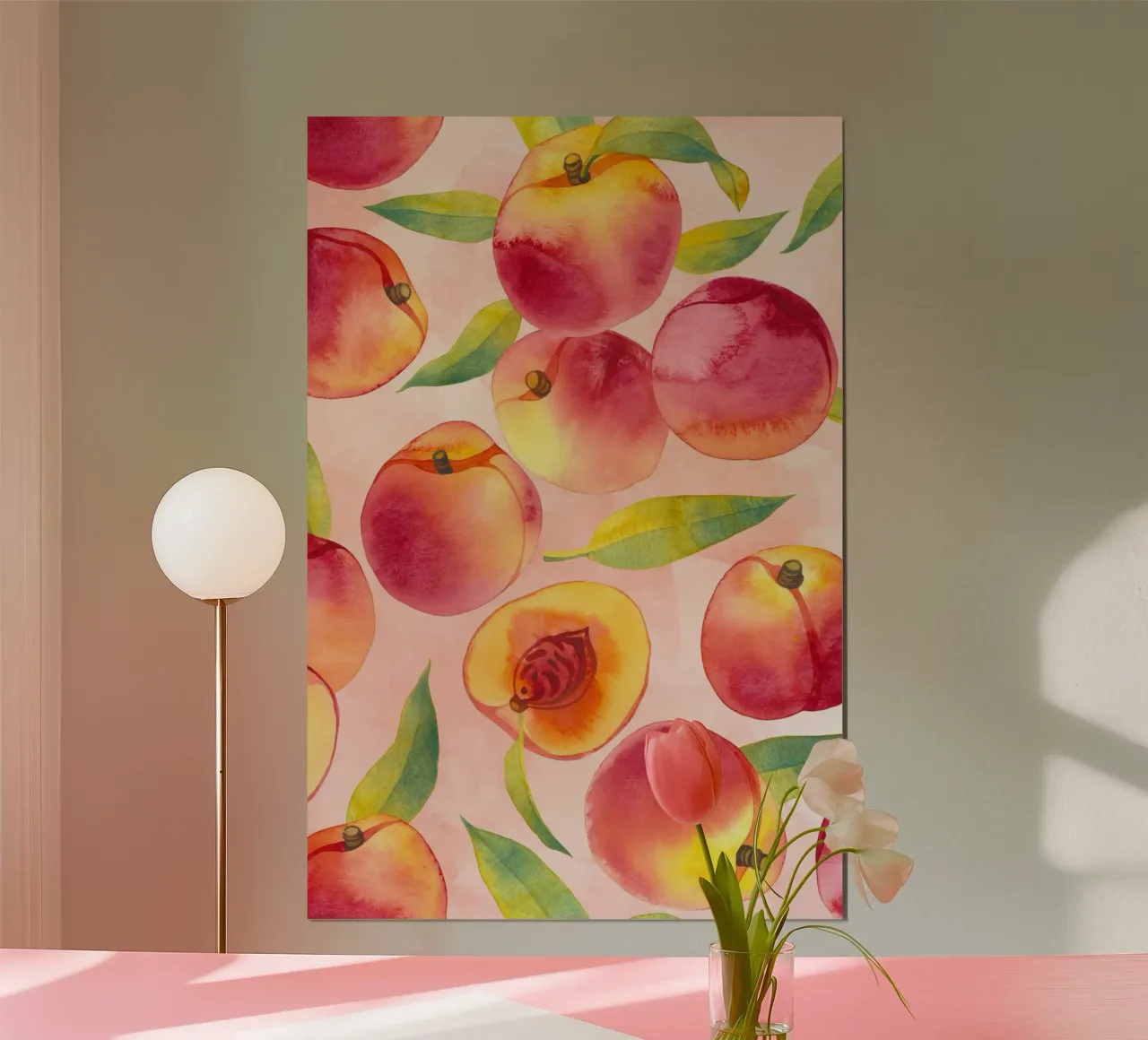 Stampa di pesche, poster di frutta ad acquerello poster con telaio in legno da Bella Studio