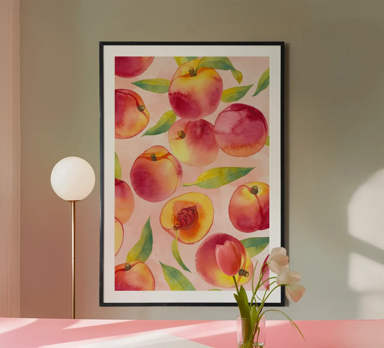Stampa di pesche, poster di frutta ad acquerello poster con telaio in legno da Bella Studio