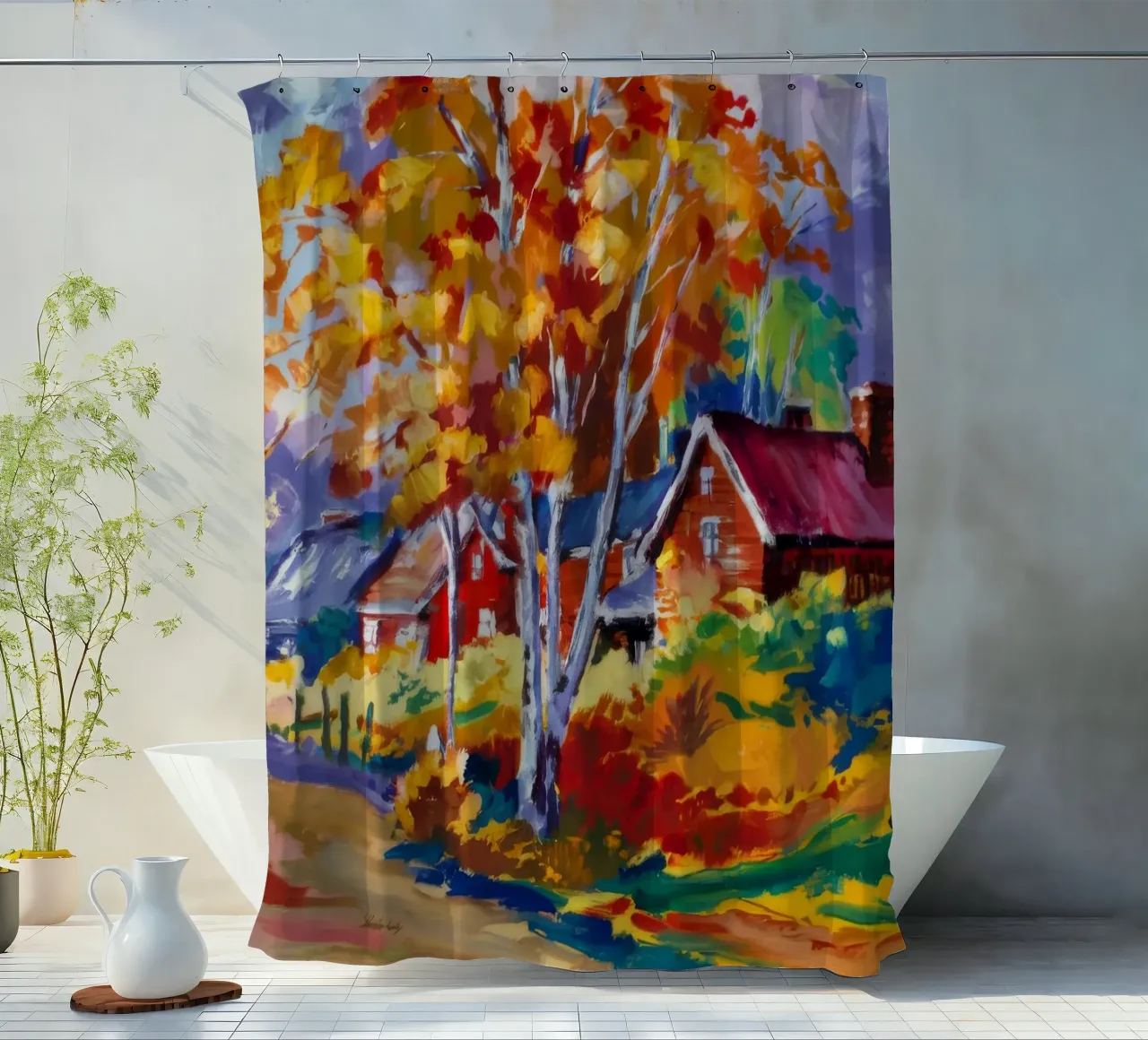 Autumn Cabin Brilliance shower curtain by Radiance Landscape