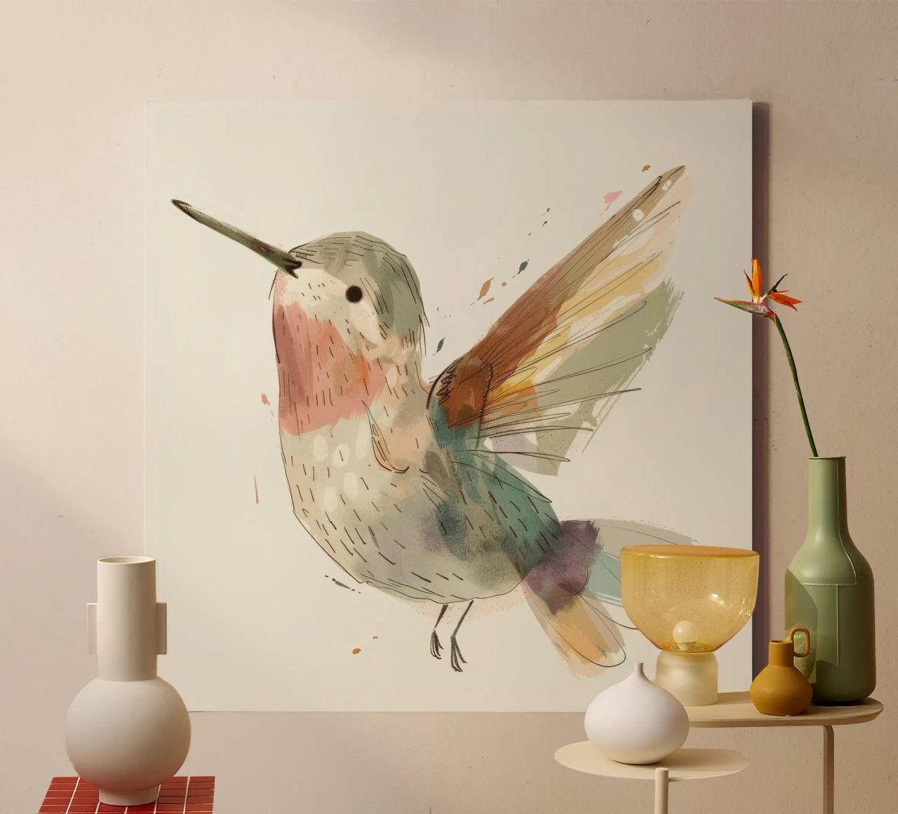Dynamic Hummingbird in Vibrant Watercolor canvas by DesignDoodle