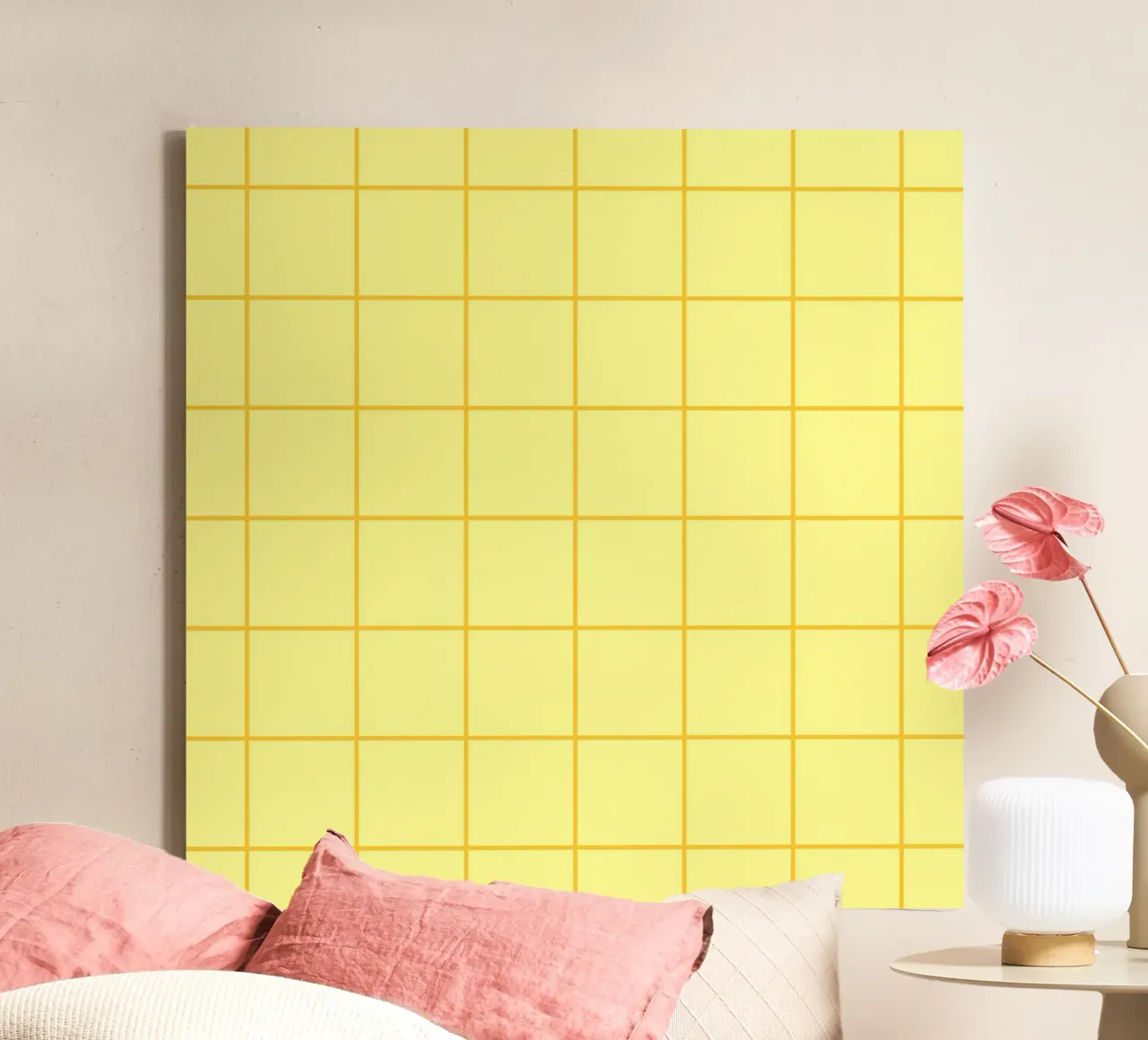 Gestreifte Quadrate - zitronengelb Leinwand mit Schattenfugenrahmen von Wackapacka