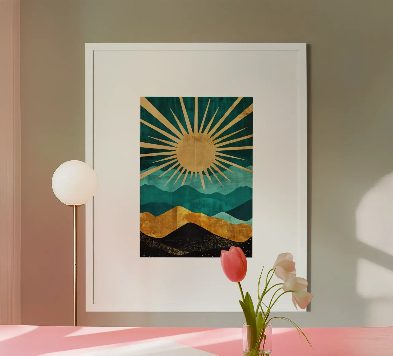 Abstracte zon en bergen in turquoise en goud poster van Niklas