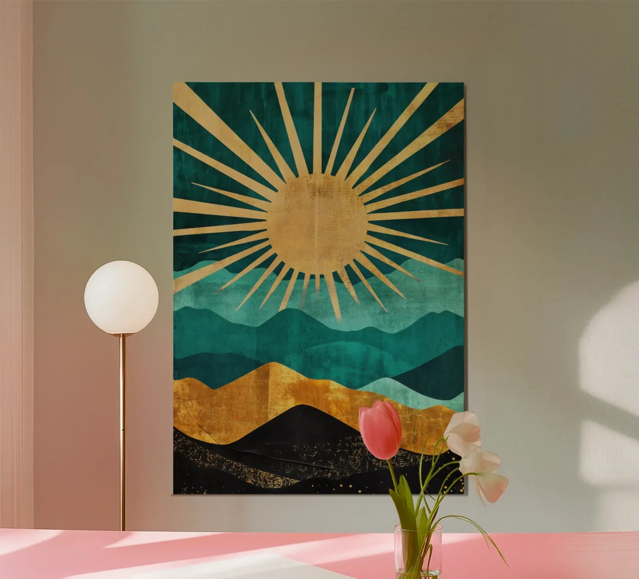 Abstracte zon en bergen in turquoise en goud poster van Niklas