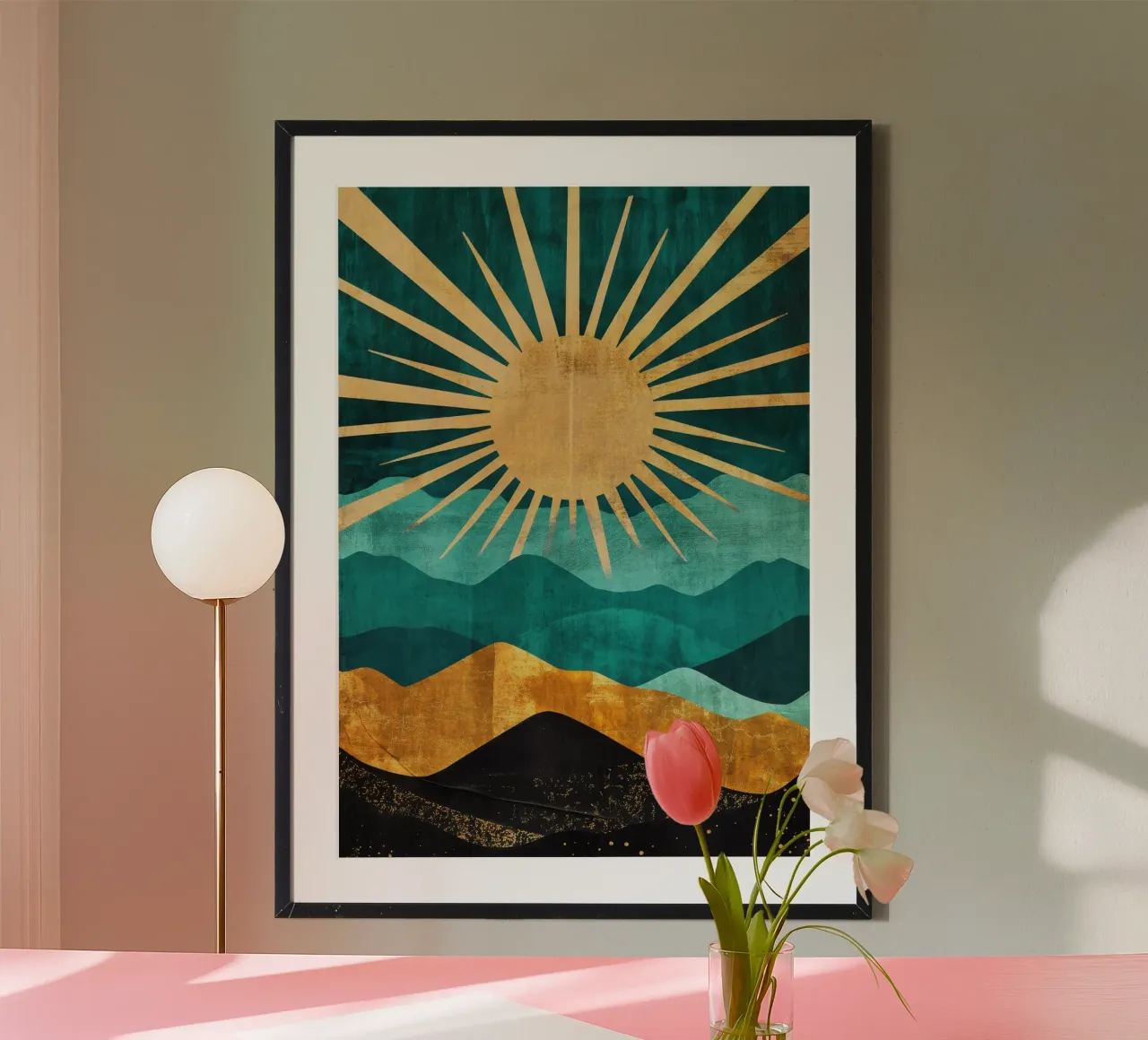 Abstracte zon en bergen in turquoise en goud poster van Niklas