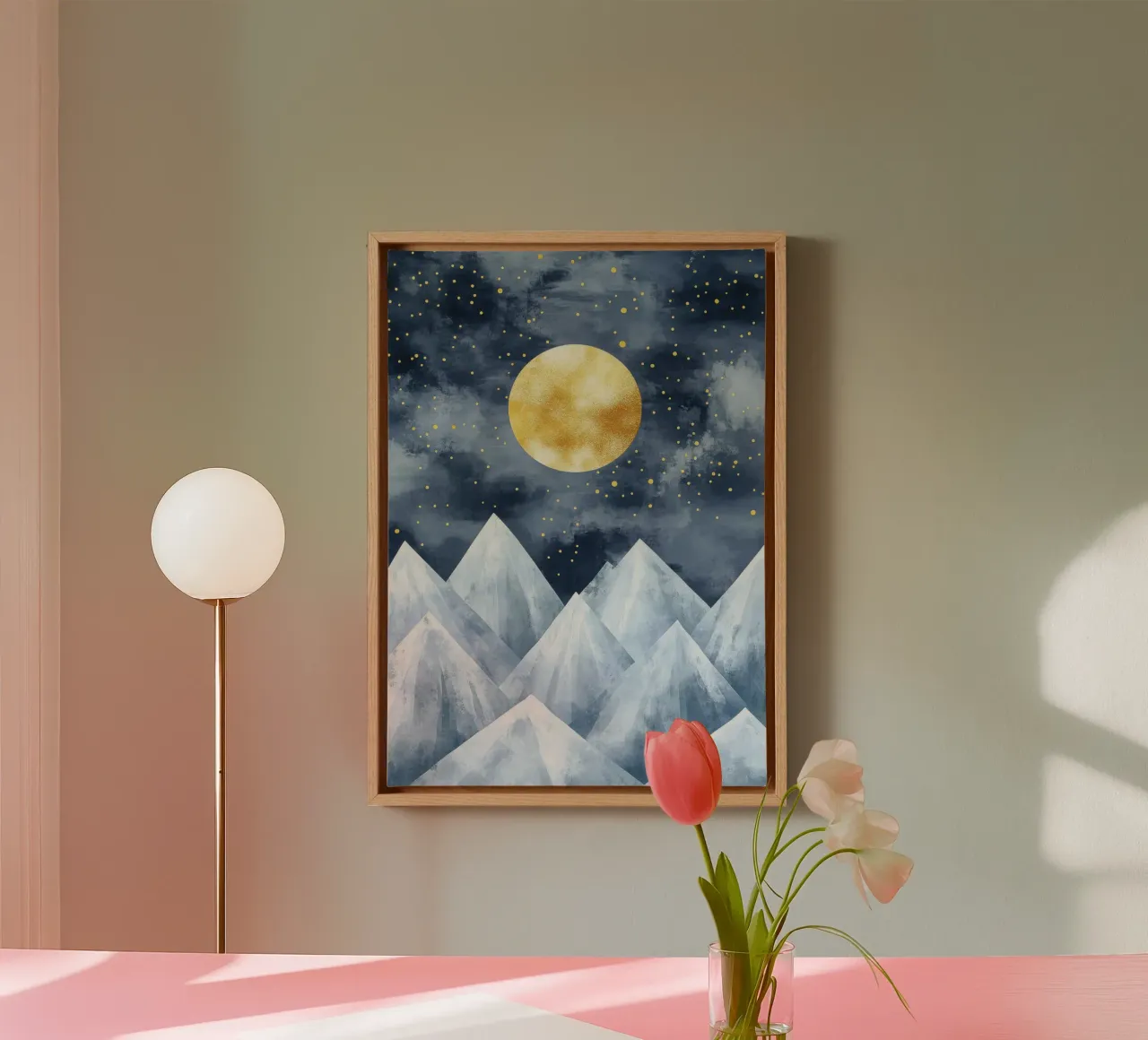 Golden full moon over snow-covered mountains canvas with Floater frame by Niklas