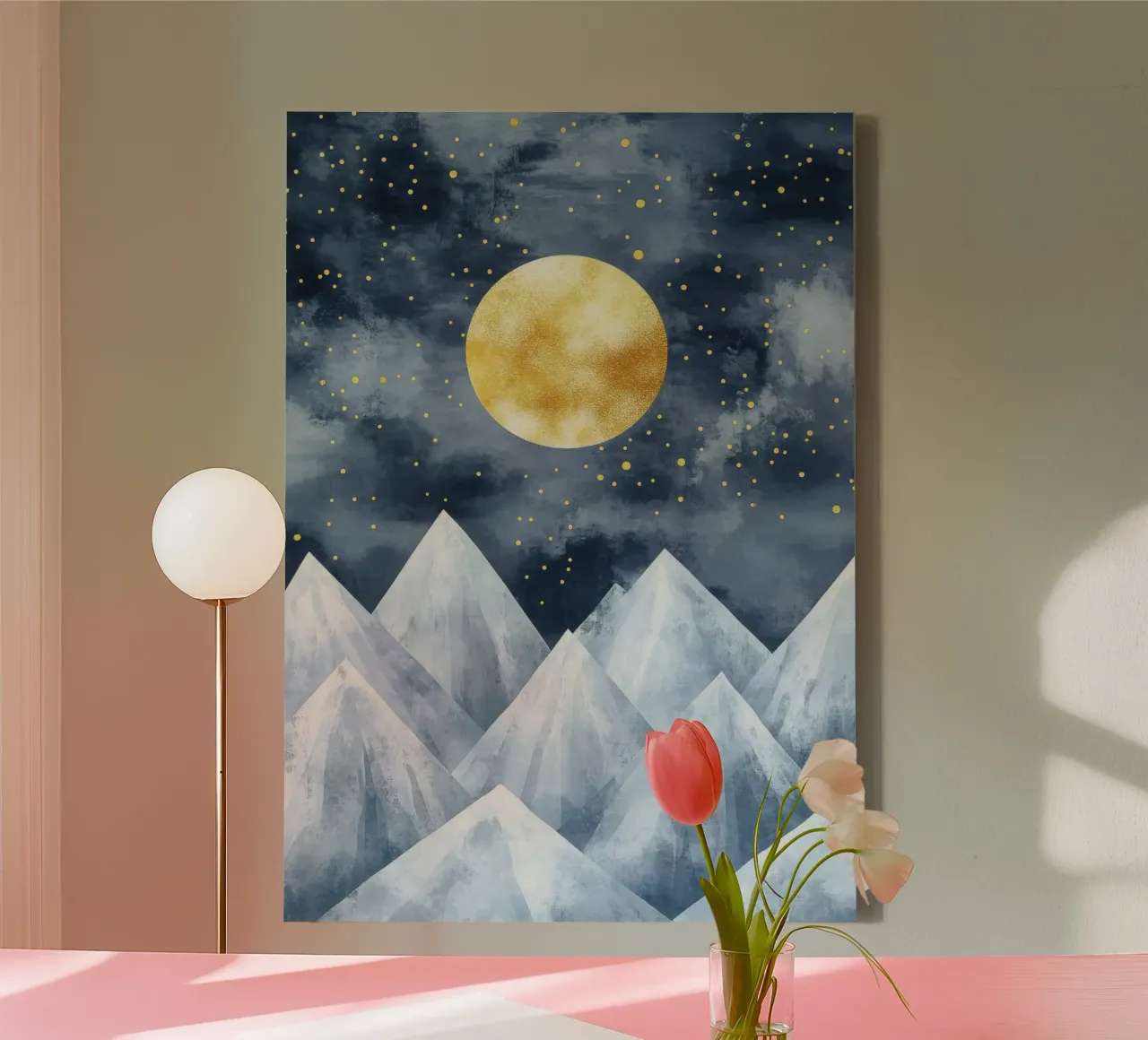 Golden full moon over snow-covered mountains canvas with Floater frame by Niklas