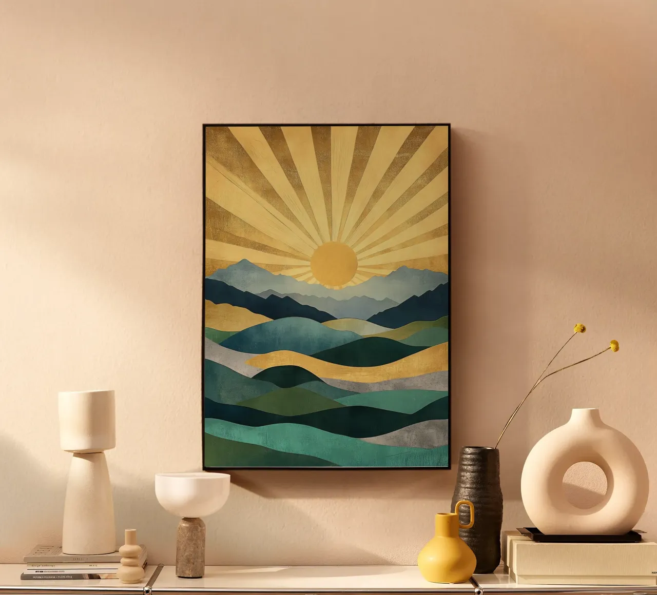Paesaggio montano astratto con raggi di sole alluminio dibond da Niklas