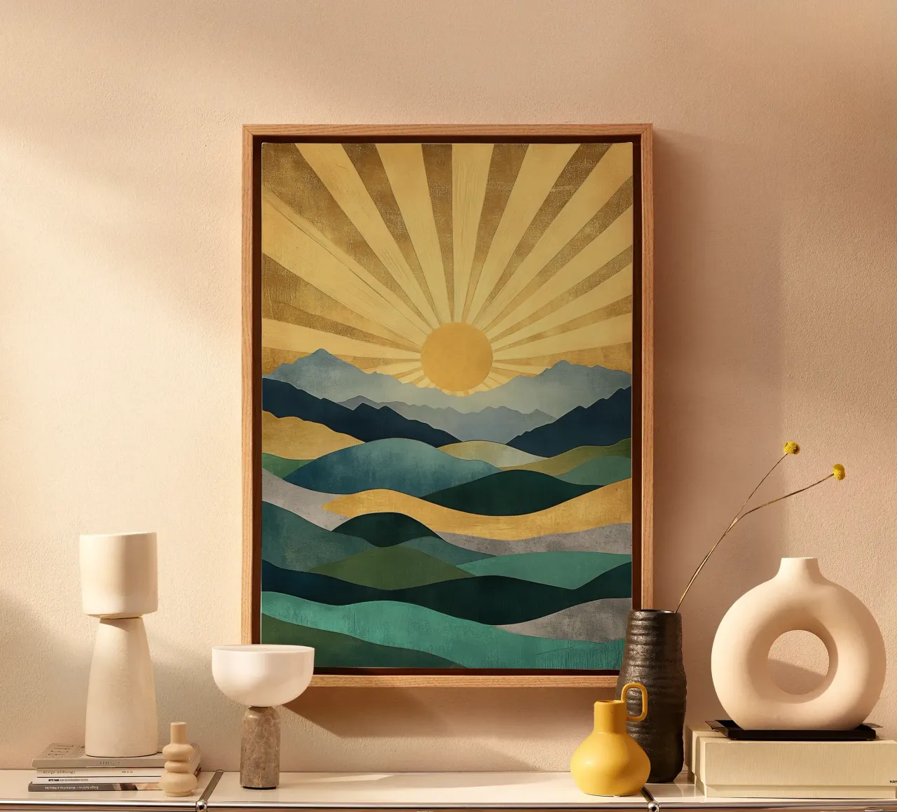 Abstract berglandschap met zonnestralen canvas met Baklijst van Niklas