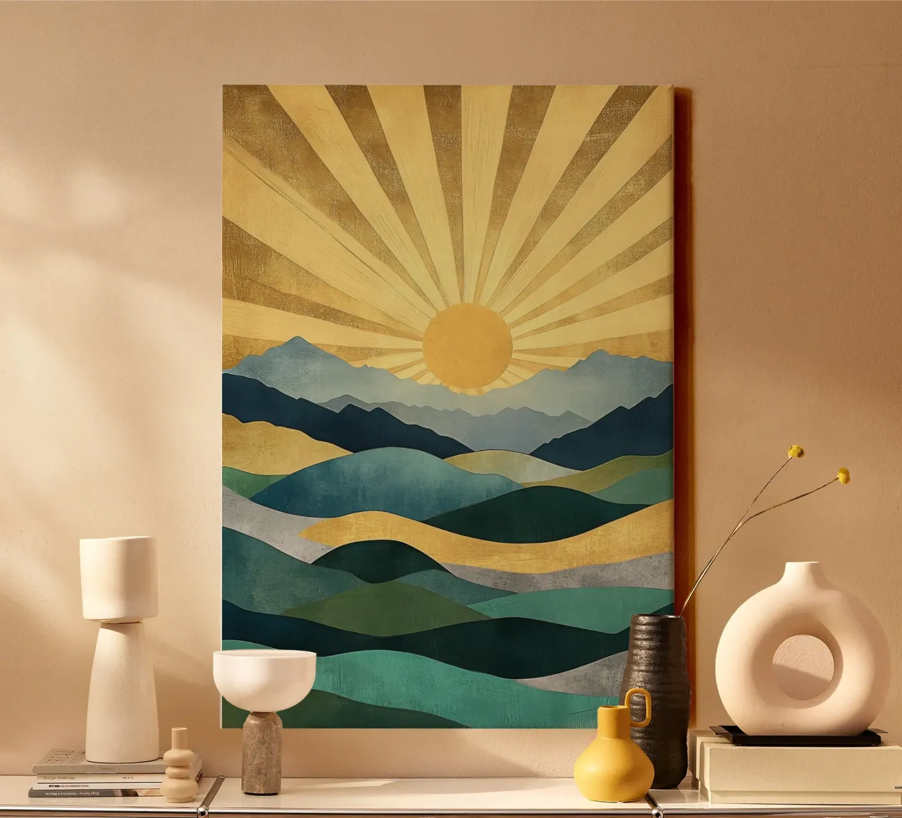Abstract berglandschap met zonnestralen canvas met Baklijst van Niklas