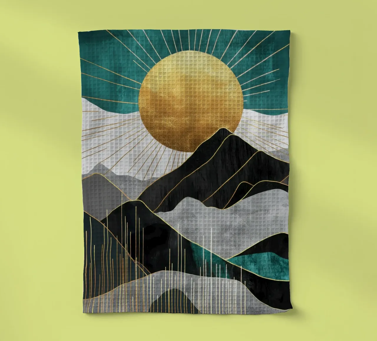 Soleil doré au-dessus des montagnes en vert et gris torchon de Niklas