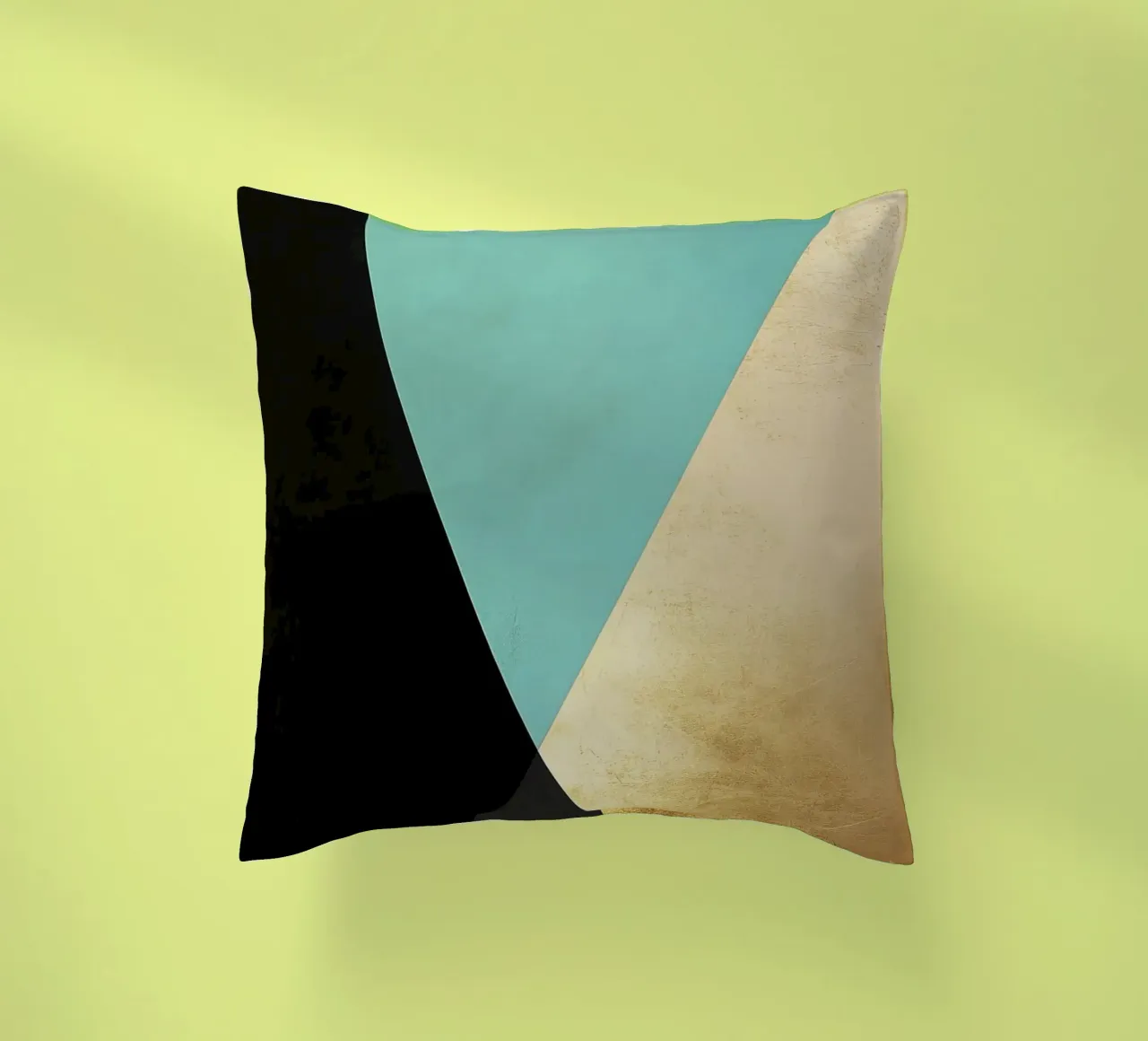 Minimalistische achtergrond met goudfolie en turkoois kussen van Niklas