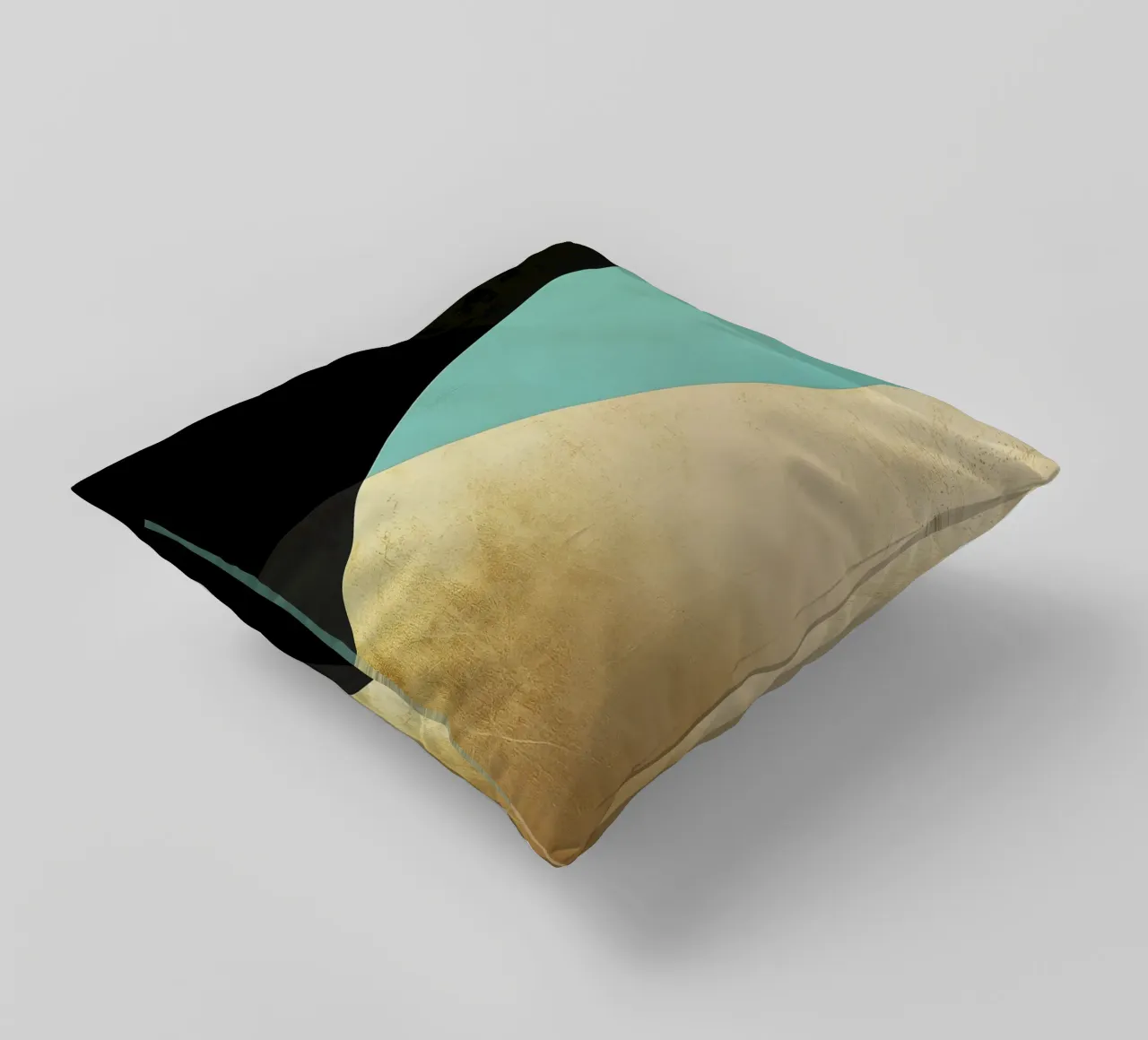 Minimalistische achtergrond met goudfolie en turkoois kussen van Niklas