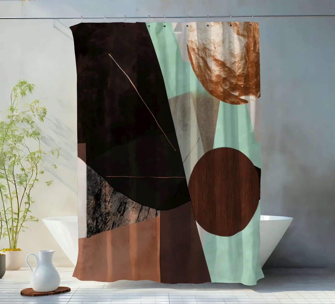 Collage digitale con toni della terra e forme geometriche tenda da doccia da Niklas