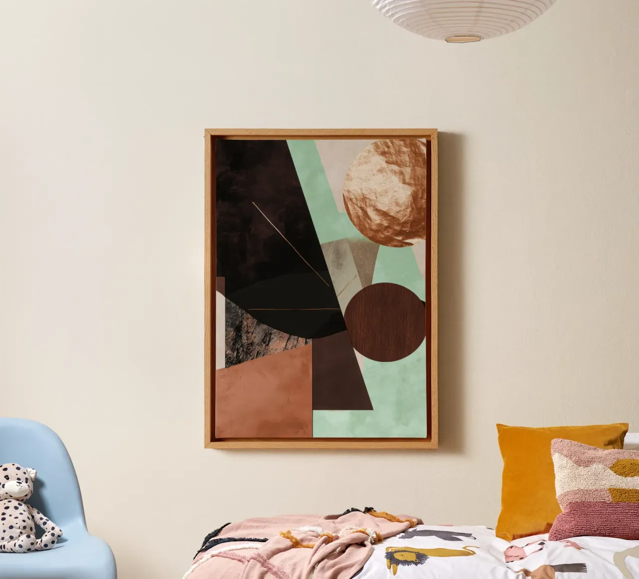 Digital collage with earth tones and geometric shapes canvas with Floater frame by Niklas
