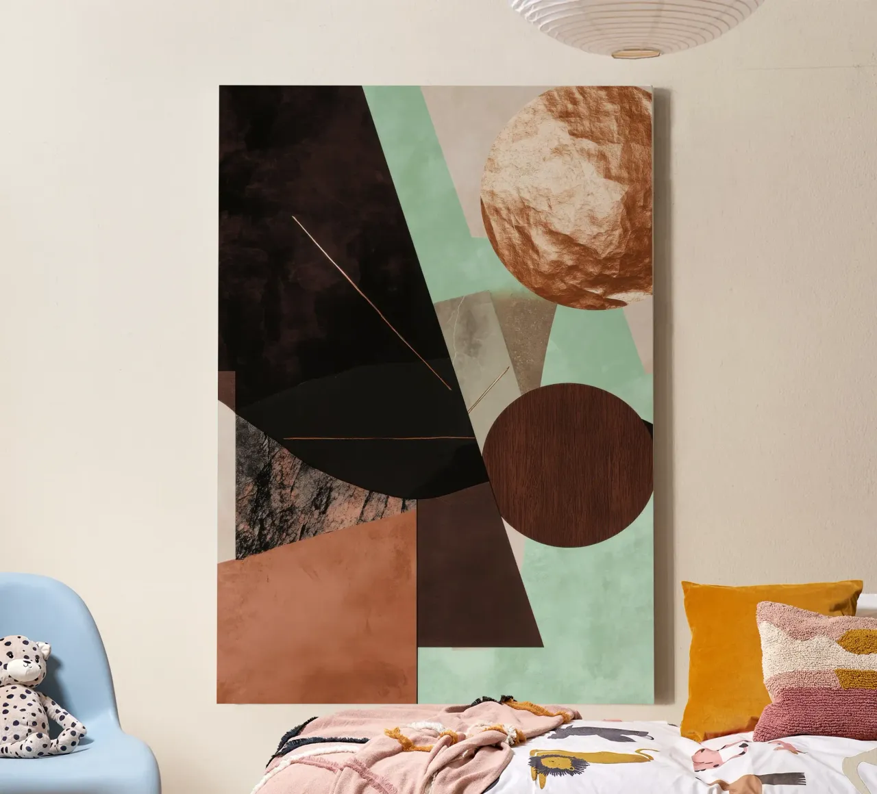 Digital collage with earth tones and geometric shapes canvas with Floater frame by Niklas