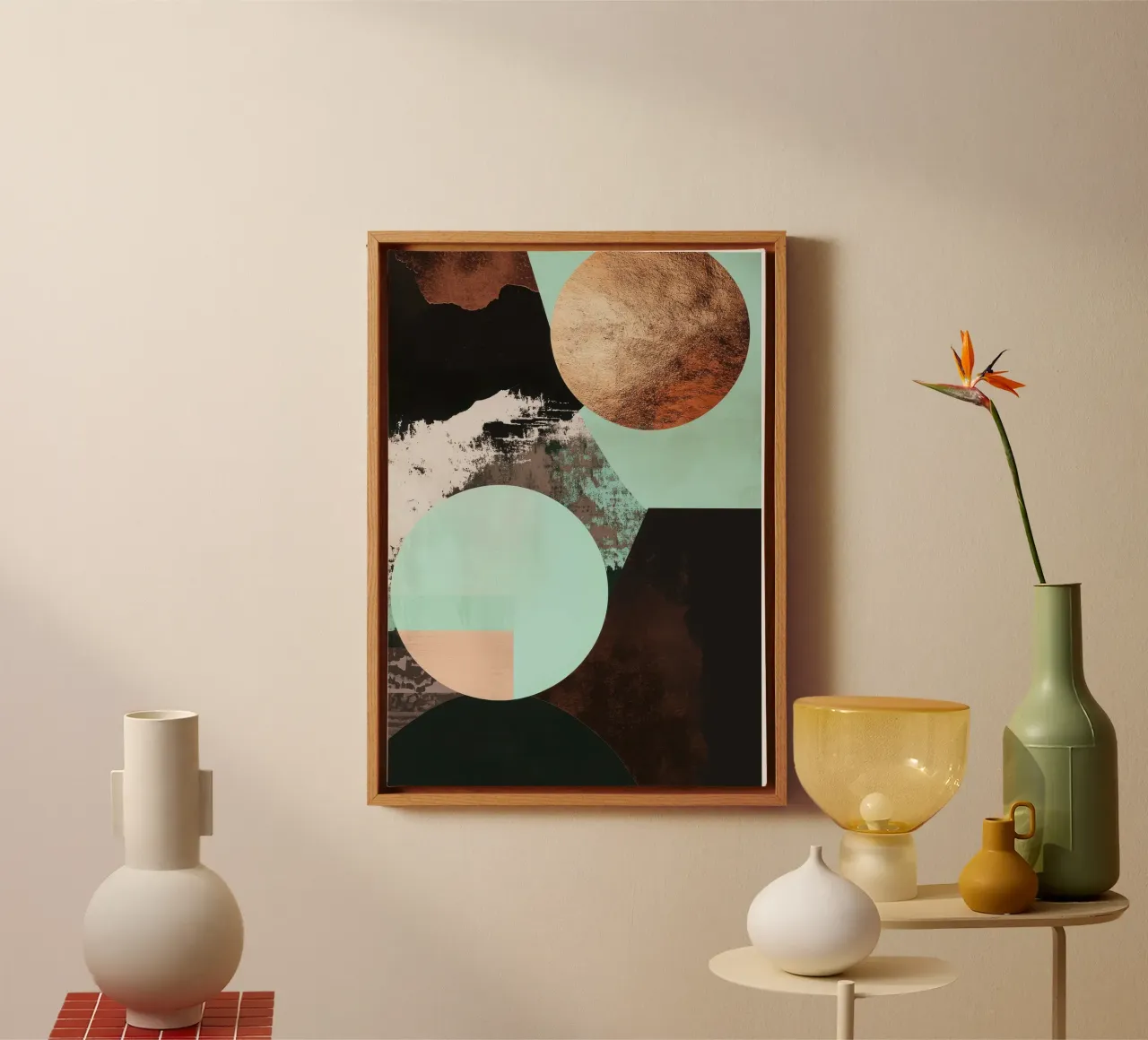Abstracte kunst in turquoise, bruin en koper canvas van Niklas