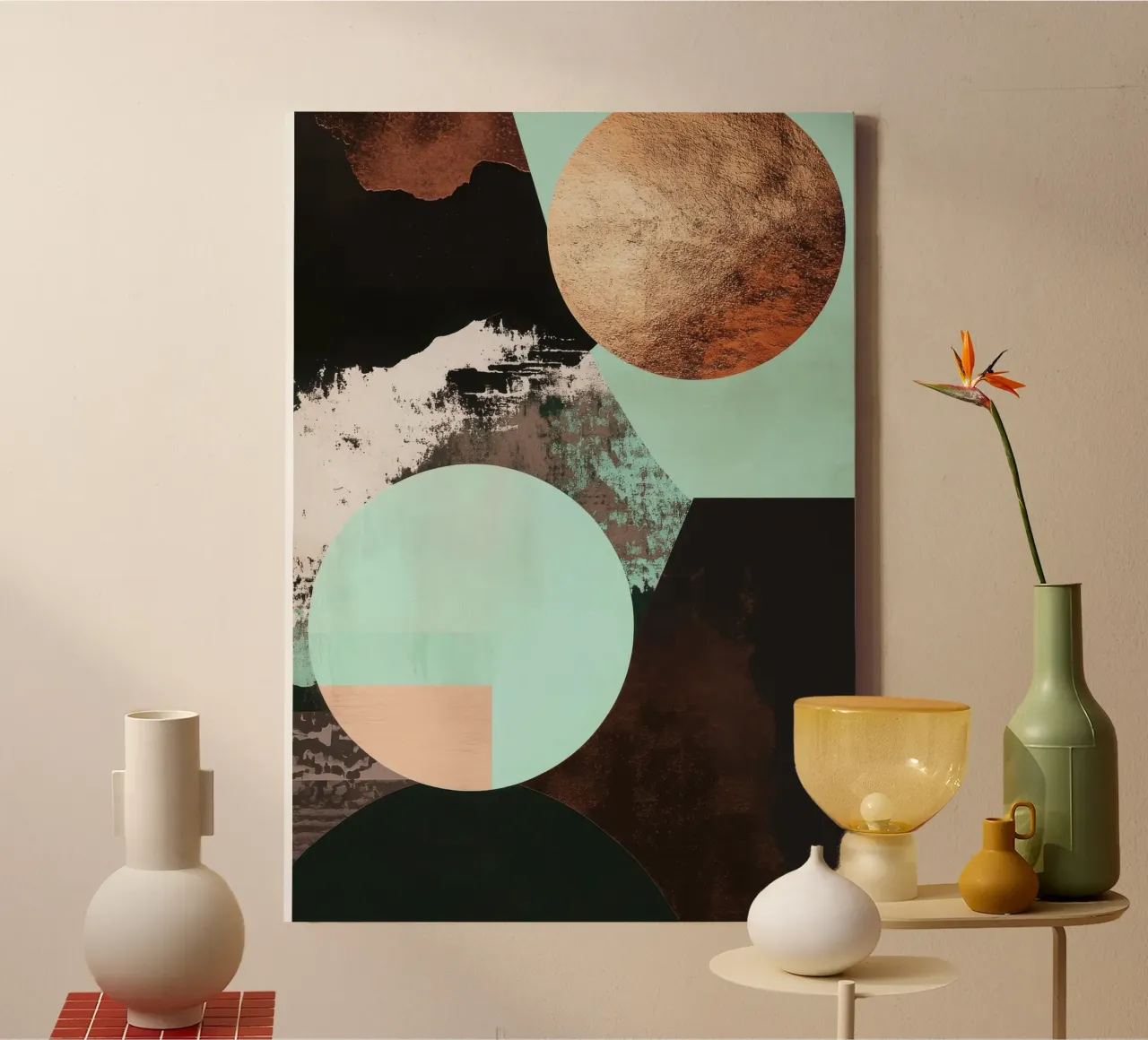 Abstracte kunst in turquoise, bruin en koper canvas van Niklas