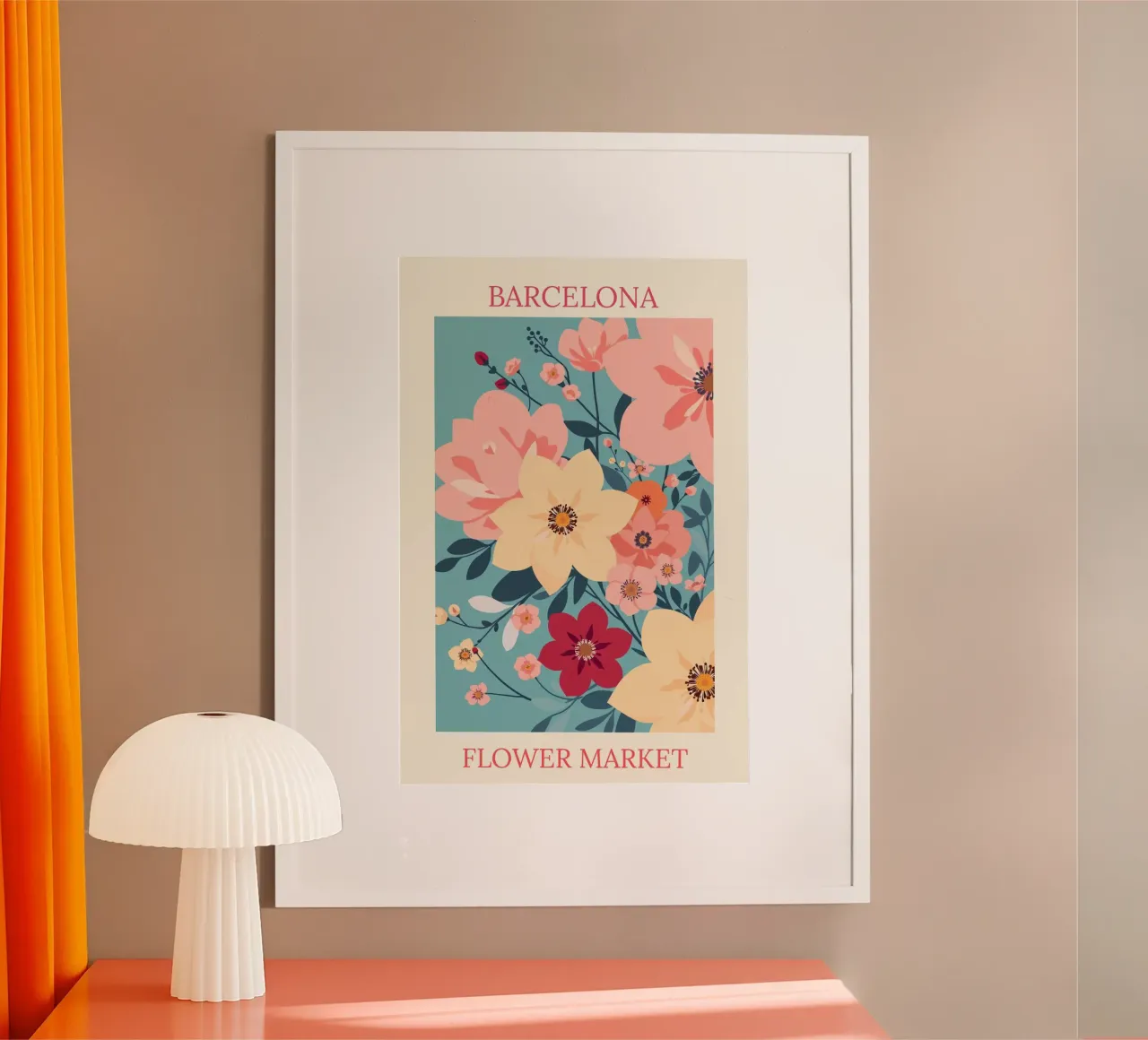 Mercato dei fiori di Barcellona poster con telaio in legno da HicksShop