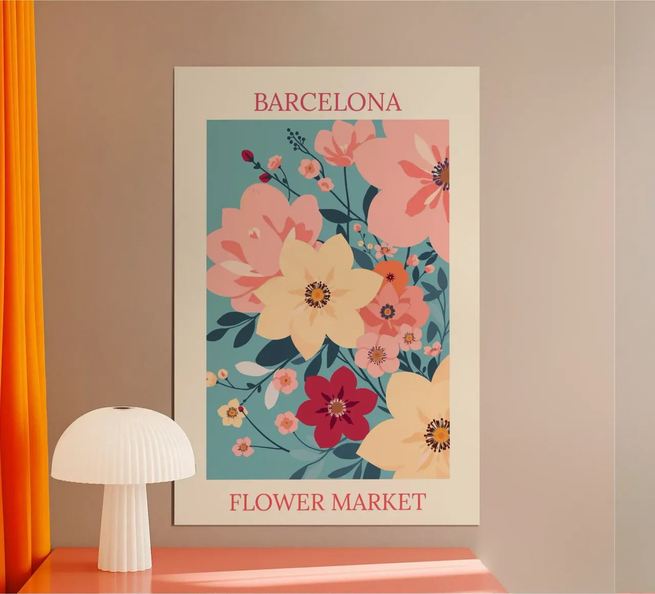 Mercato dei fiori di Barcellona poster con telaio in legno da HicksShop