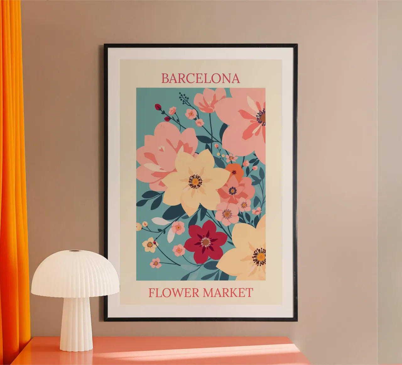 Mercato dei fiori di Barcellona poster con telaio in legno da HicksShop