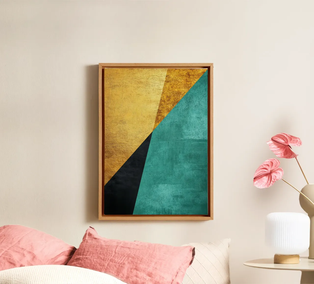 Retro behang in goud, turquoise en zwart canvas met Baklijst van Niklas