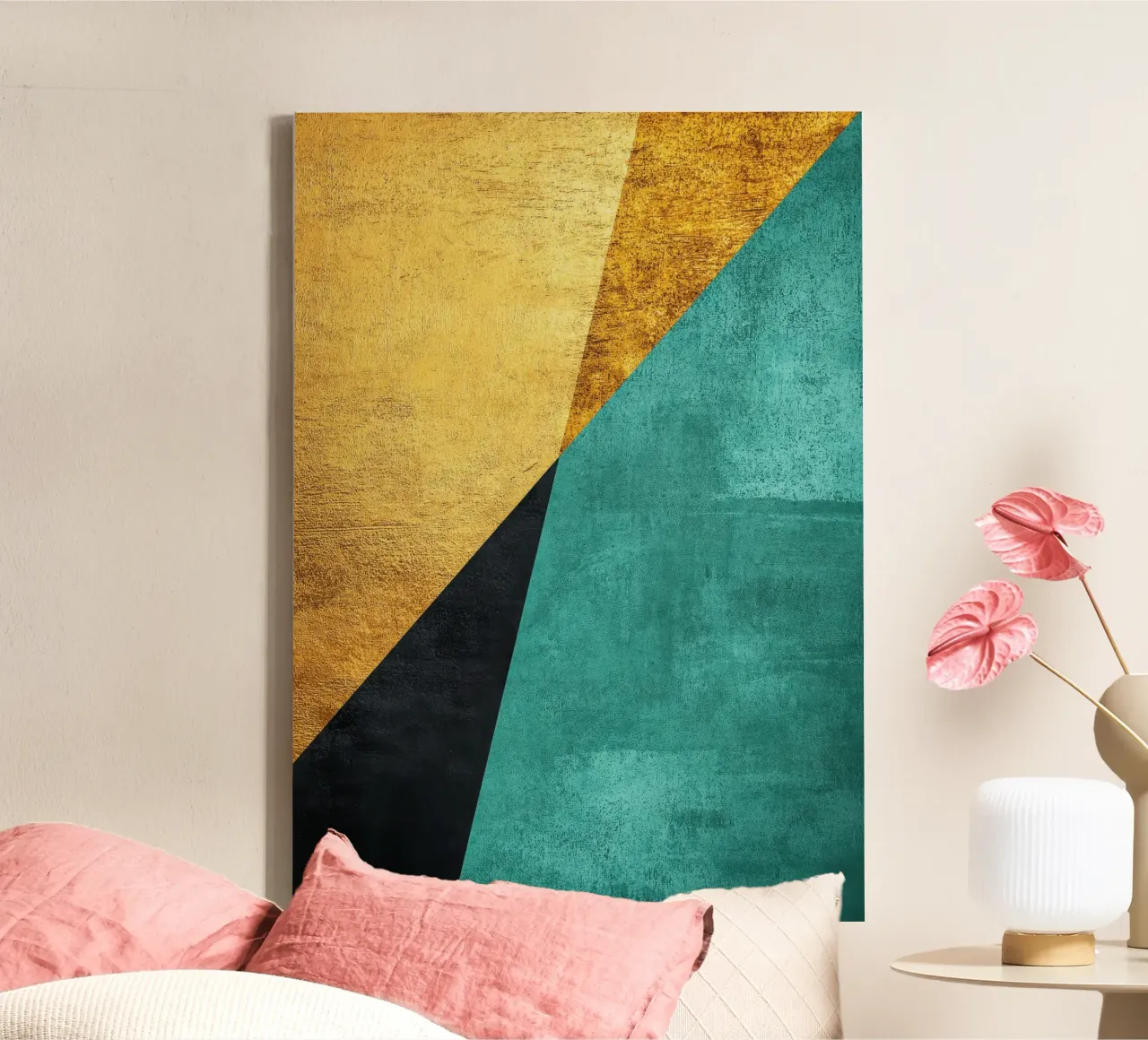 Retro behang in goud, turquoise en zwart canvas met Baklijst van Niklas