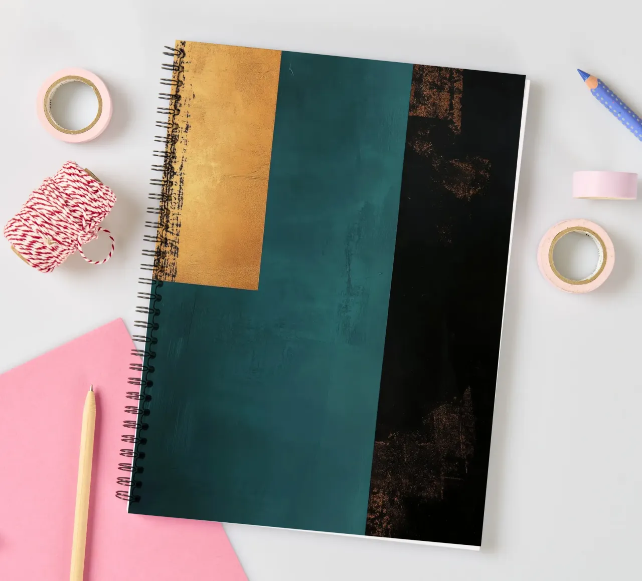Abstract background in gold and turquoise spiral notebook by Niklas