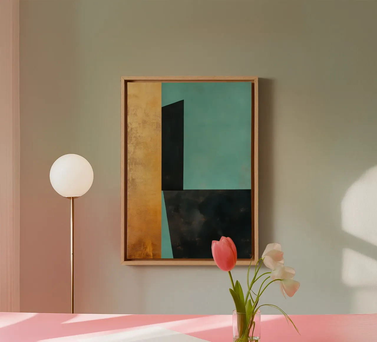 Geometrisch berglandschap in turkoois en goud canvas met Baklijst van Niklas