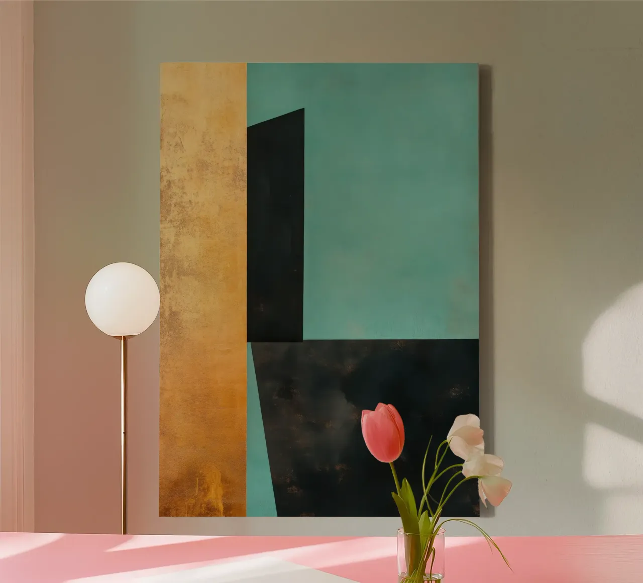 Geometrisch berglandschap in turkoois en goud canvas met Baklijst van Niklas