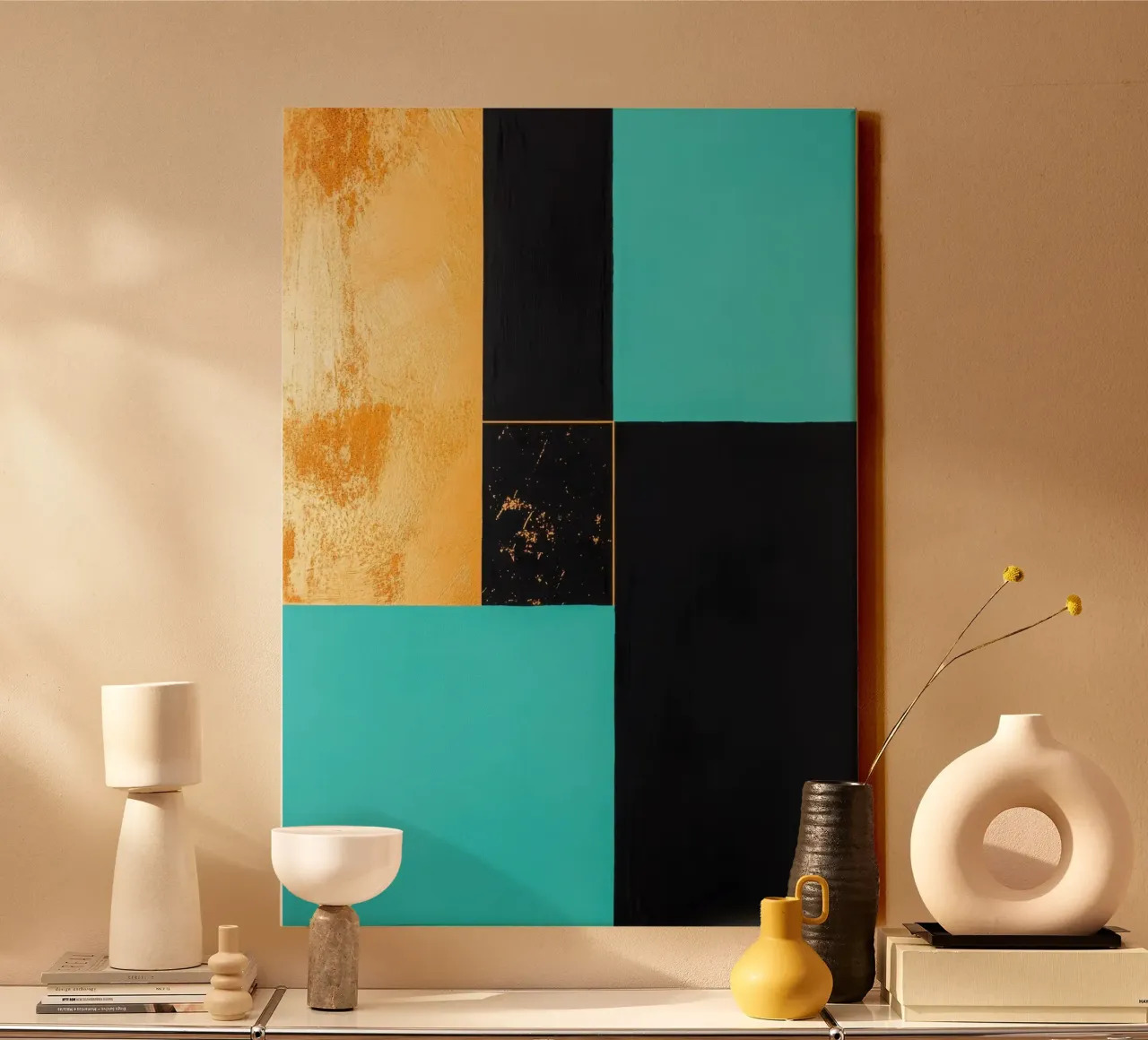 Composizione a tre colori con accenti dorati tela con Cornice a cassetta da Niklas