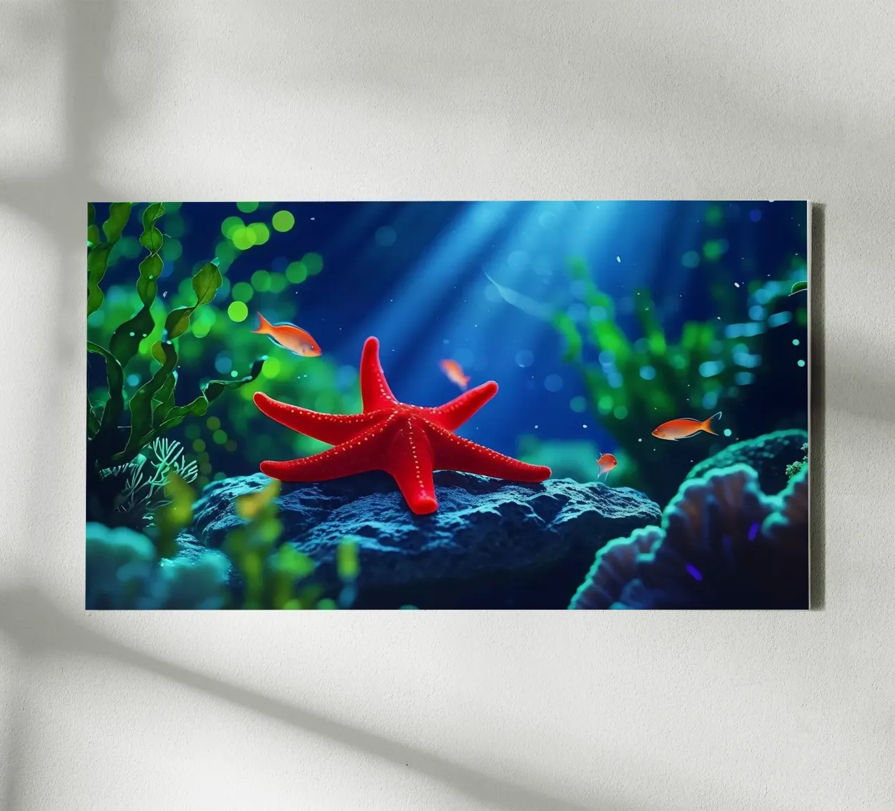✨🪸 Glow Rest ✦ Red Starfish Beneath the Surface 🌙 (1) Leinwand von LUMAQUA STUDIO