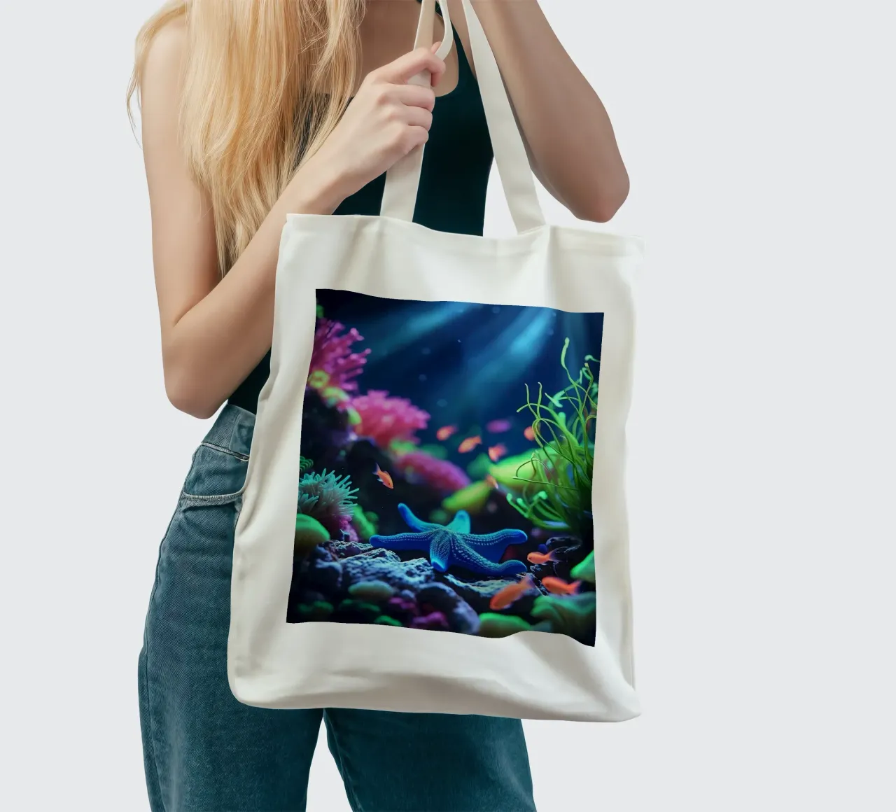 ✨🪸 Deep Calm ✦ Blauwe zeester in neon rif 🌙 jute draagtas van LUMAQUA STUDIO