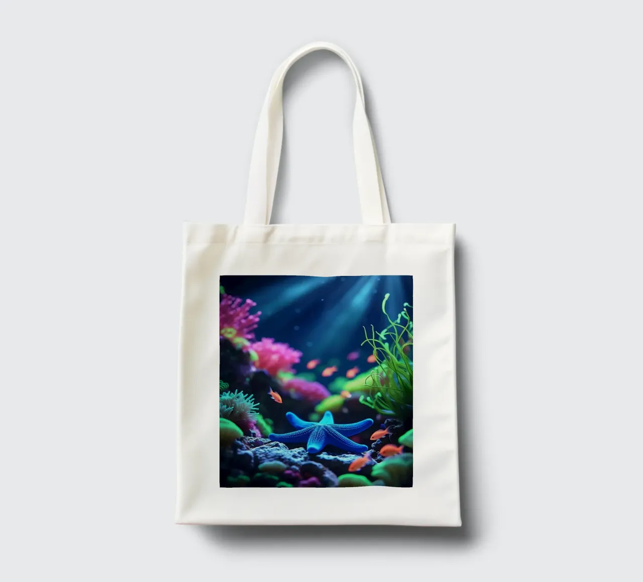 ✨🪸 Deep Calm ✦ Blauwe zeester in neon rif 🌙 jute draagtas van LUMAQUA STUDIO