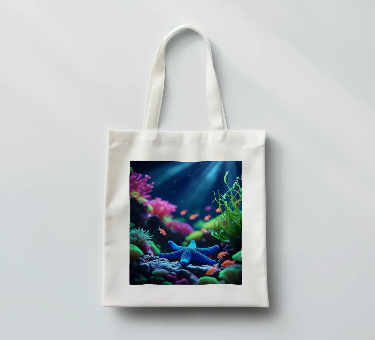 ✨🪸 Deep Calm ✦ Blauwe zeester in neon rif 🌙 jute draagtas van LUMAQUA STUDIO