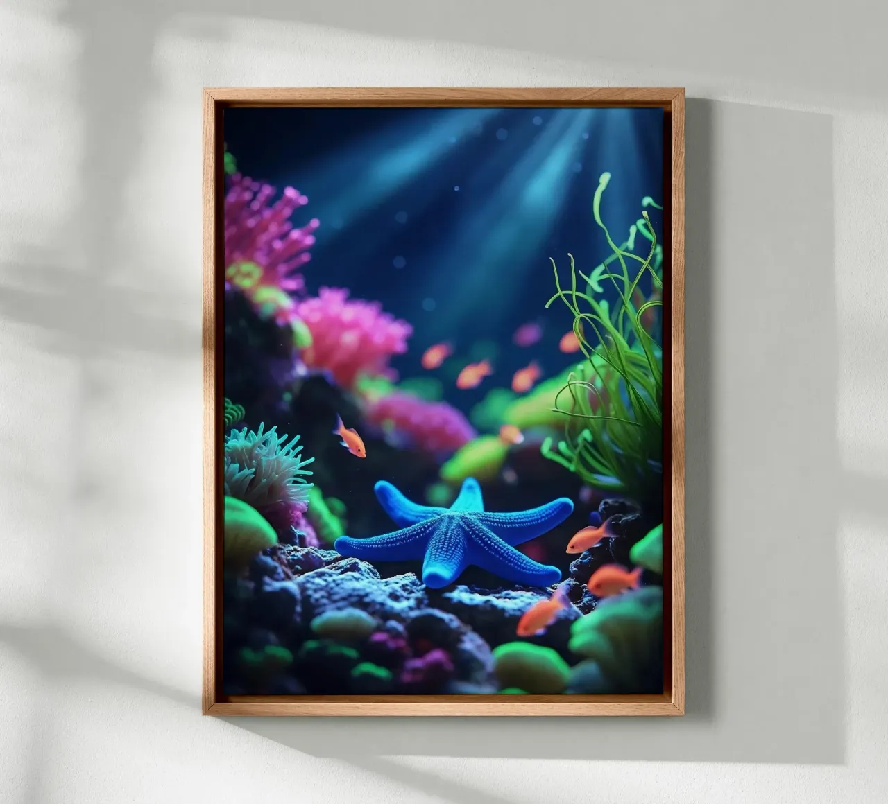 ✨🪸 Deep Calm ✦ Blauwe zeester in neon rif 🌙 canvas van lumaquastudio