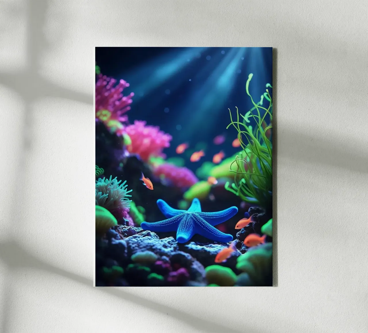 ✨🪸 Deep Calm ✦ Blauwe zeester in neon rif 🌙 canvas van lumaquastudio