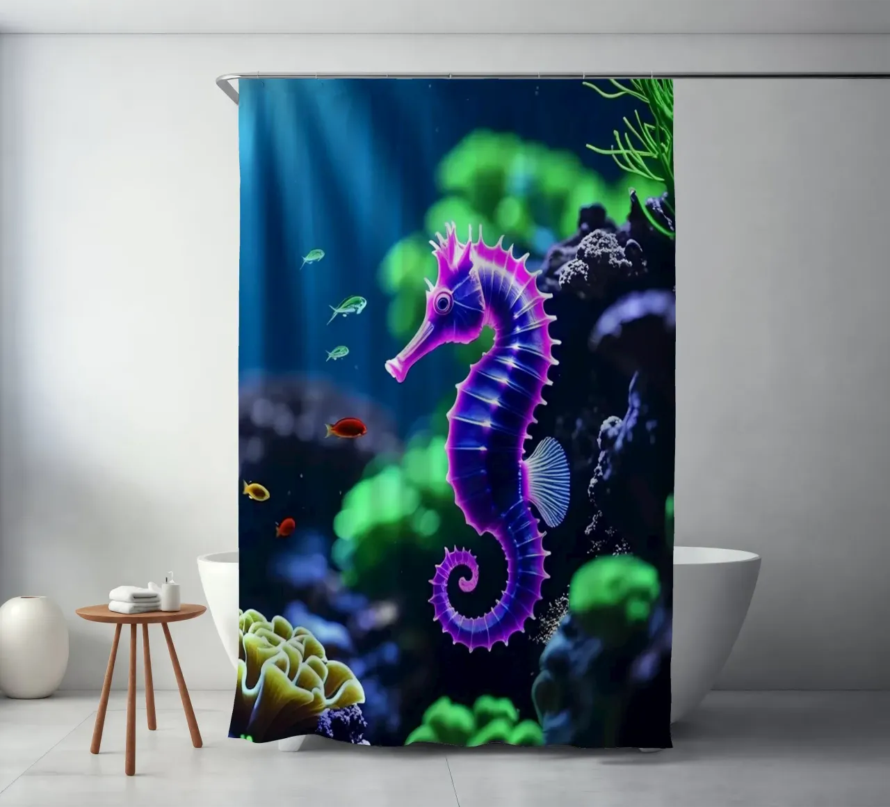 ✨🐠 Coral Charm ✦ Purple Seahorse in Moonlight 🌙 (1) shower curtain by LUMAQUA STUDIO