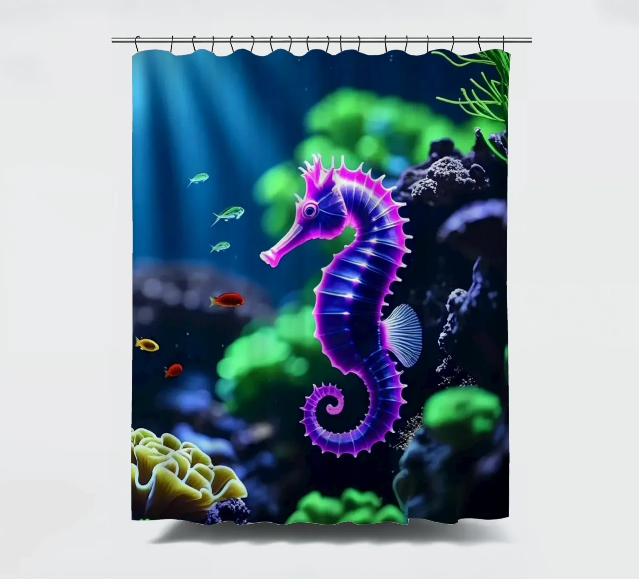 ✨🐠 Coral Charm ✦ Purple Seahorse in Moonlight 🌙 (1) shower curtain by LUMAQUA STUDIO