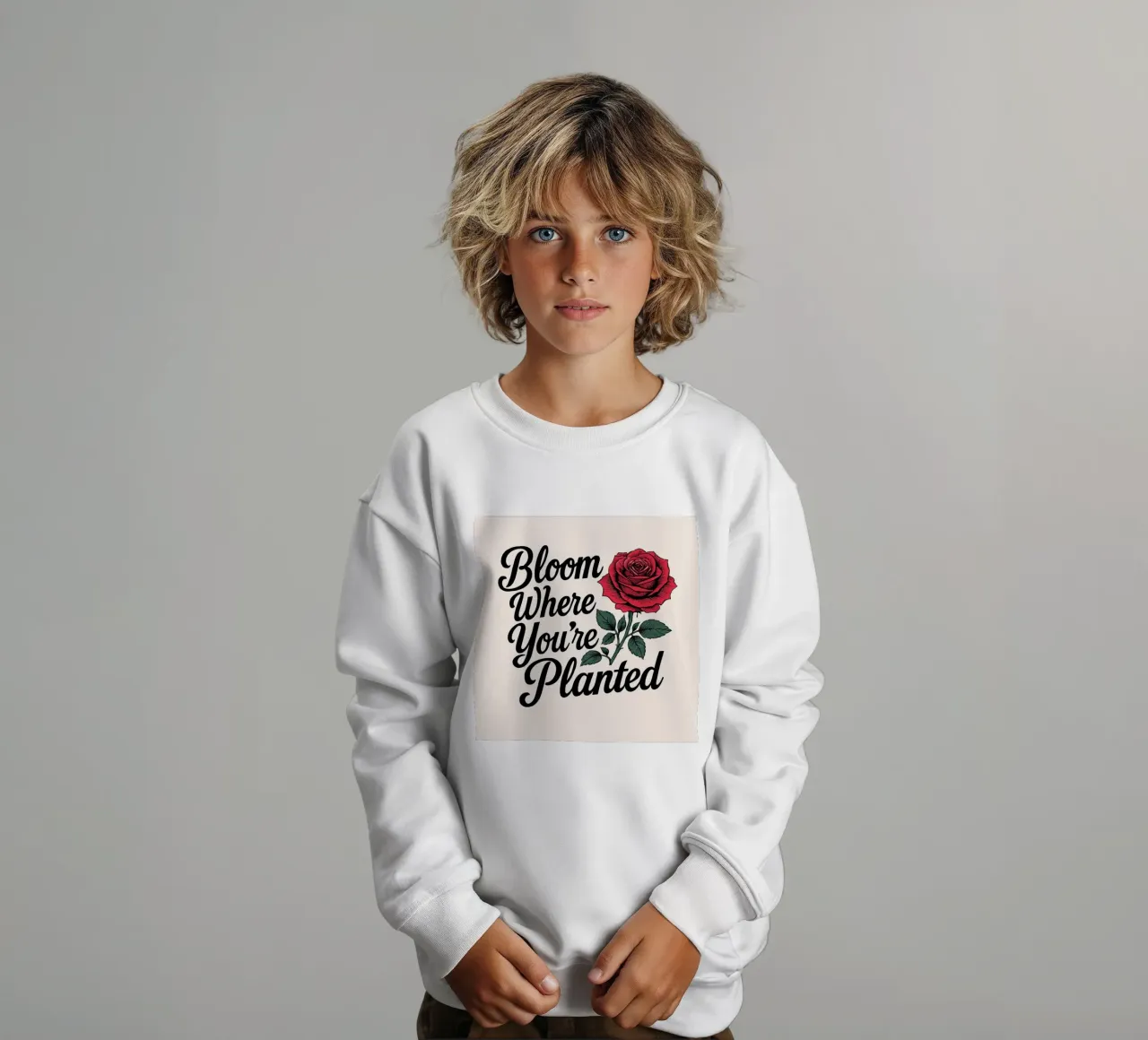 "Bloom Where You're Planted" Inspirational Red Rose Art Prin kids sweatshirt by inspirational quote