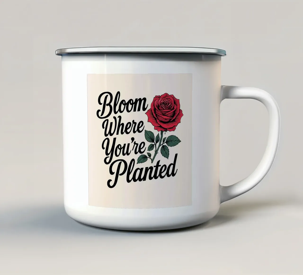 Arte della rosa rossa ispirata "Bloom Where You're Planted" (fiorisci dove sei piantato) Prin tazza in smalto da inspirational quote