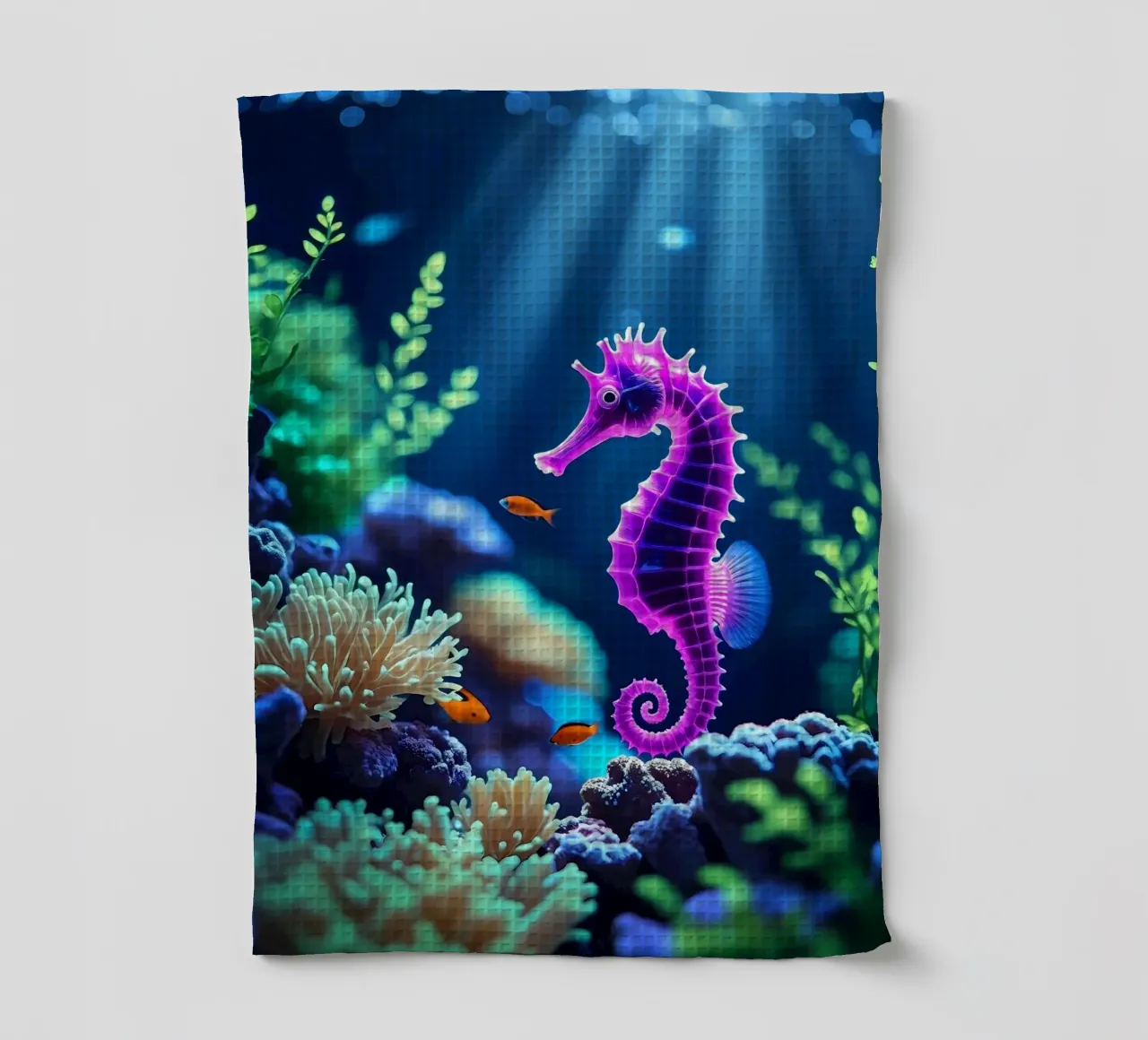 Charme en corail ✦ Hippocampe violet au clair de lune (2) torchon de lumaquastudio