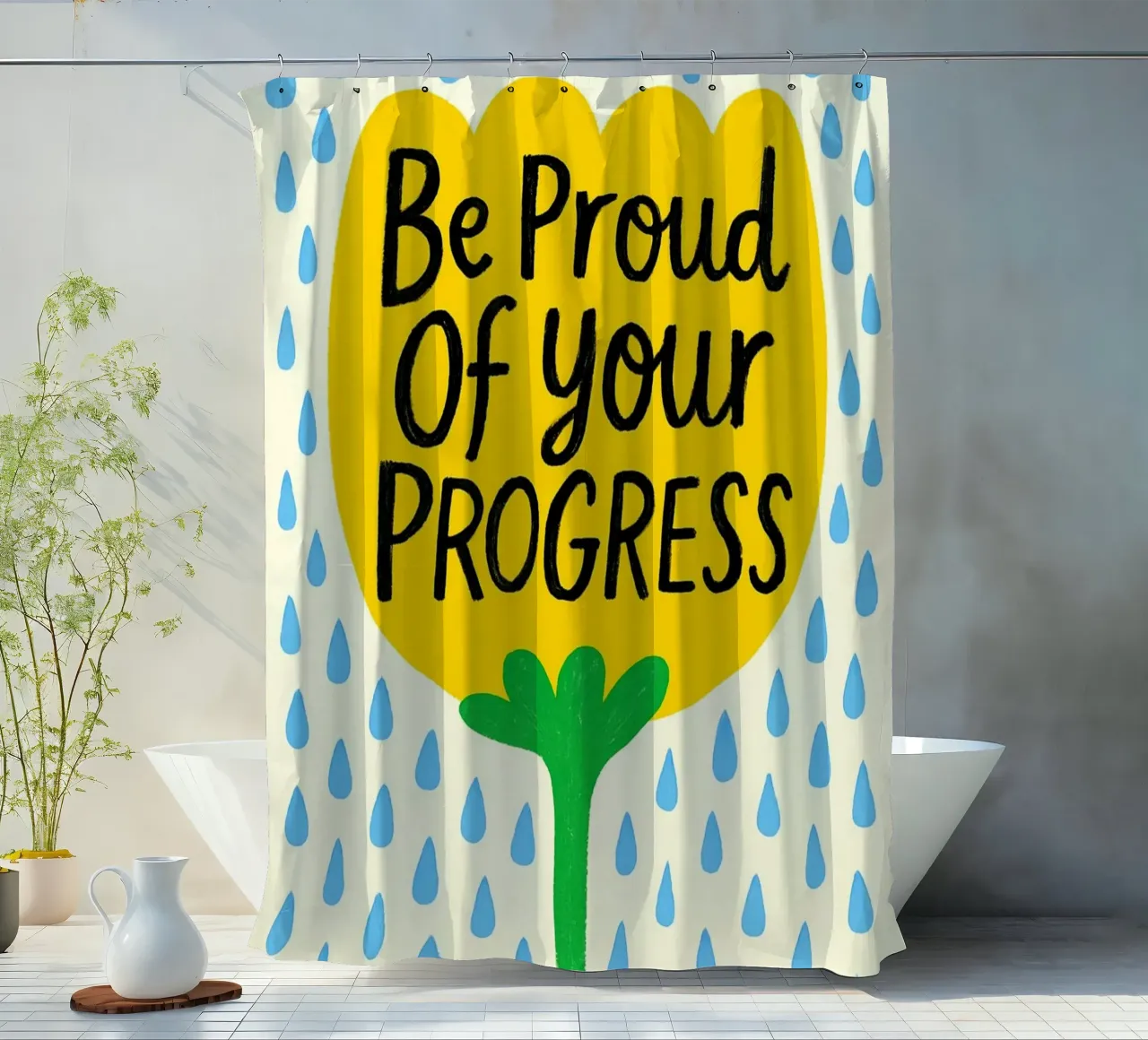 "Siate orgogliosi dei vostri progressi" Fiore giallo d'ispirazione tenda da doccia da inspirational quote