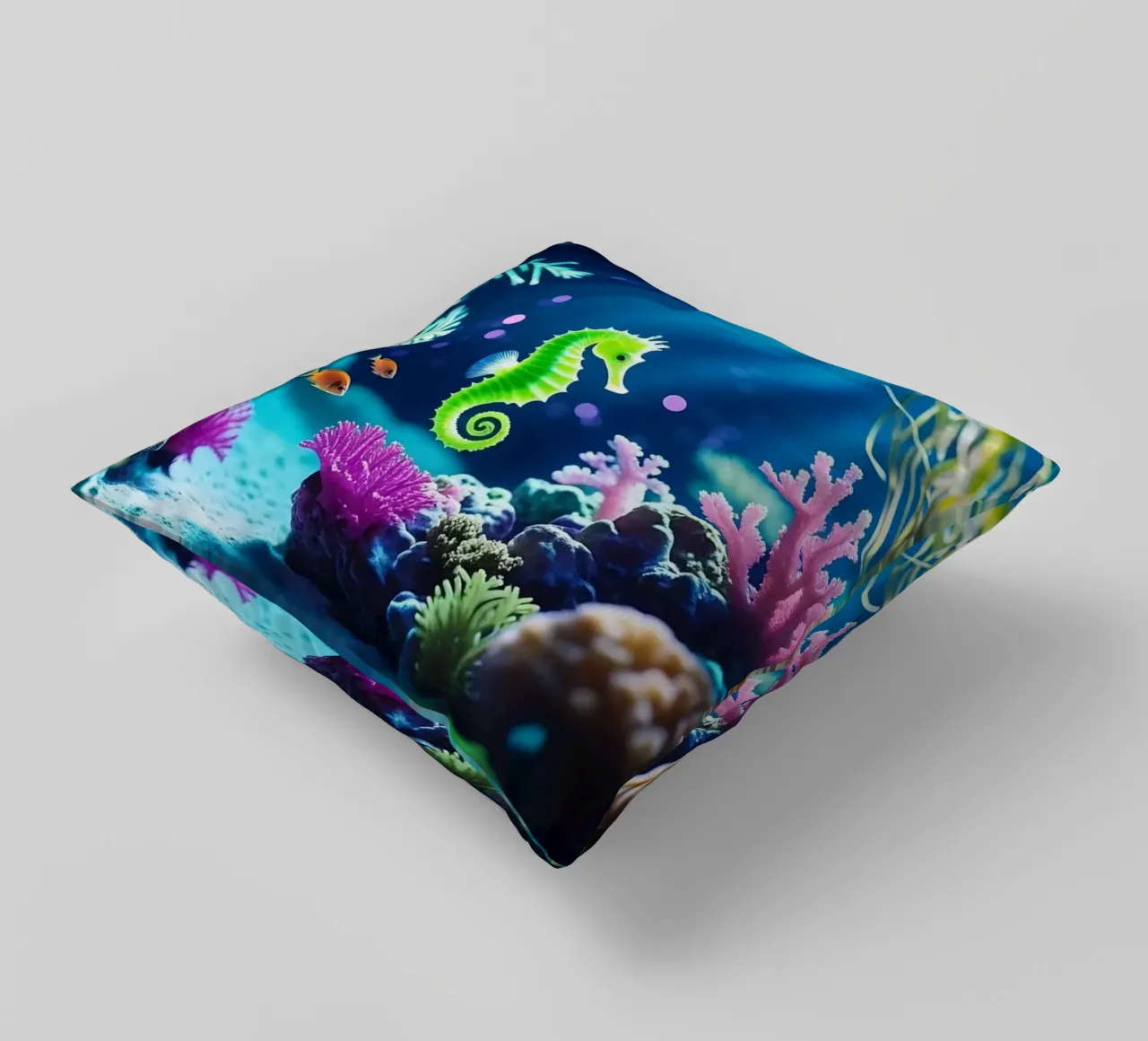 Lime Glow ✦ Hippocampe vert en corail néon (1) coussin de lumaquastudio