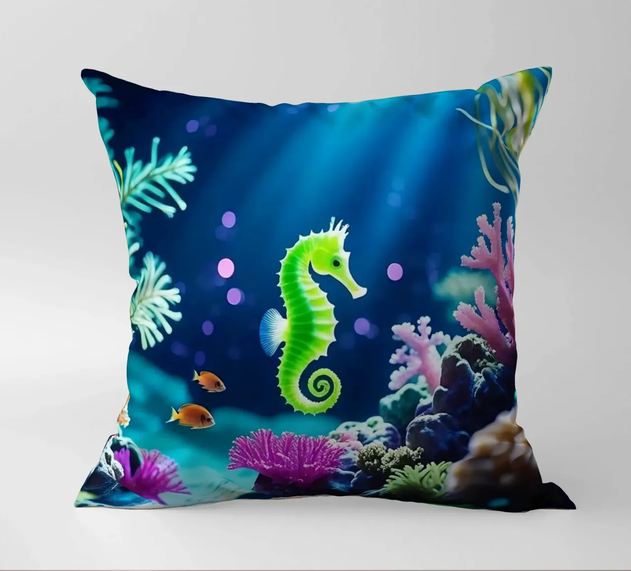 Lime Glow ✦ Hippocampe vert en corail néon (1) coussin de lumaquastudio