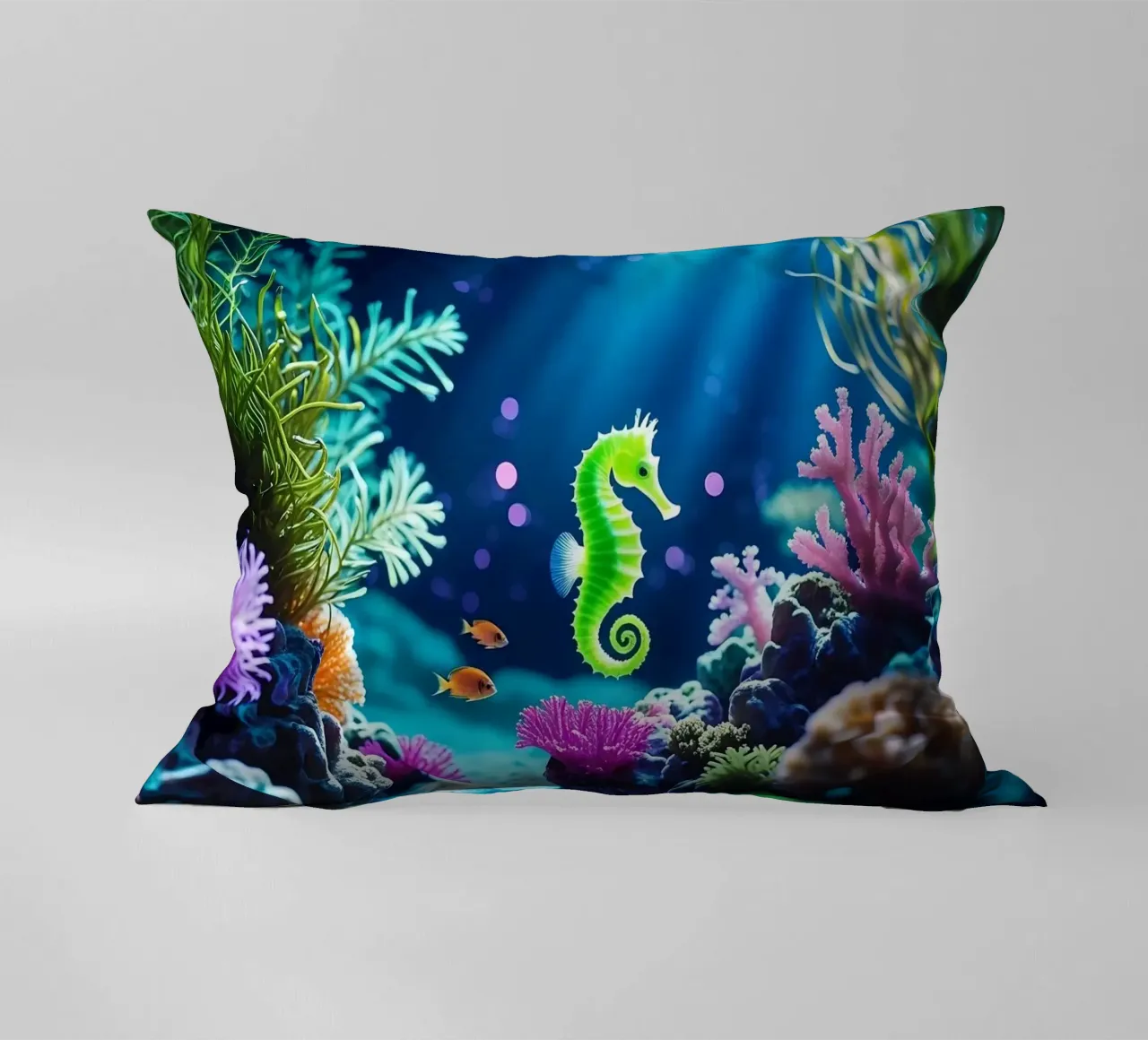 Lime Glow ✦ Hippocampe vert en corail néon (1) coussin de lumaquastudio