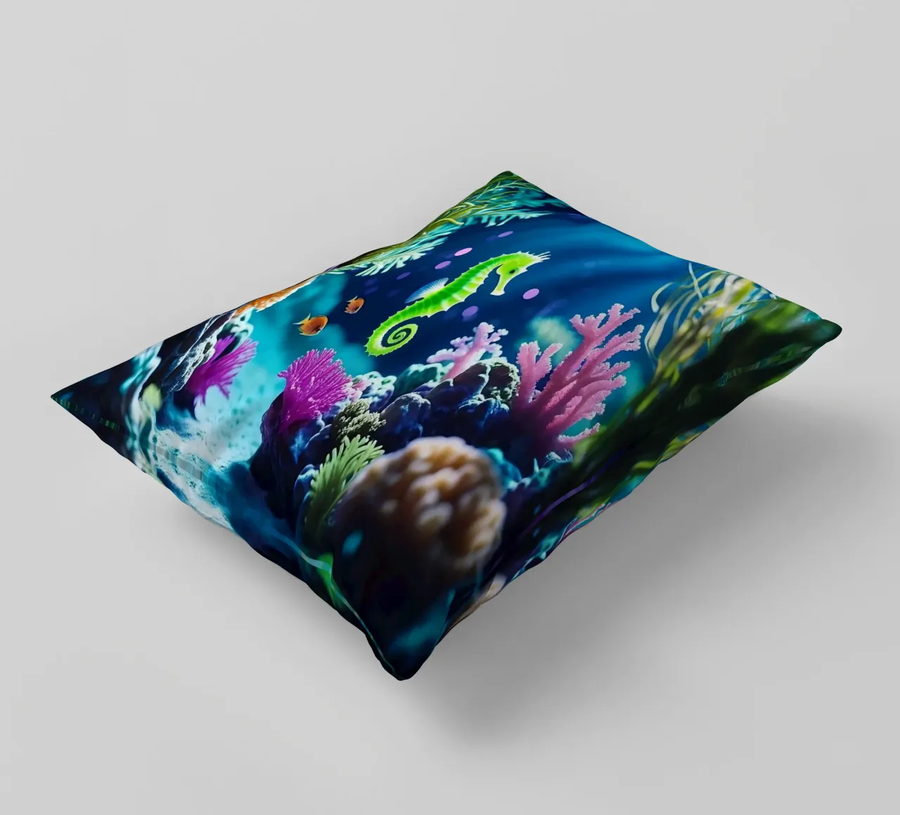 Lime Glow ✦ Hippocampe vert en corail néon (1) coussin de lumaquastudio