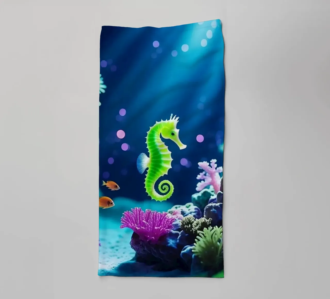 ✨🐠 Lime Glow ✦ Green Seahorse in Neon Coral 🌙 (1) serviette de bain de LUMAQUA STUDIO